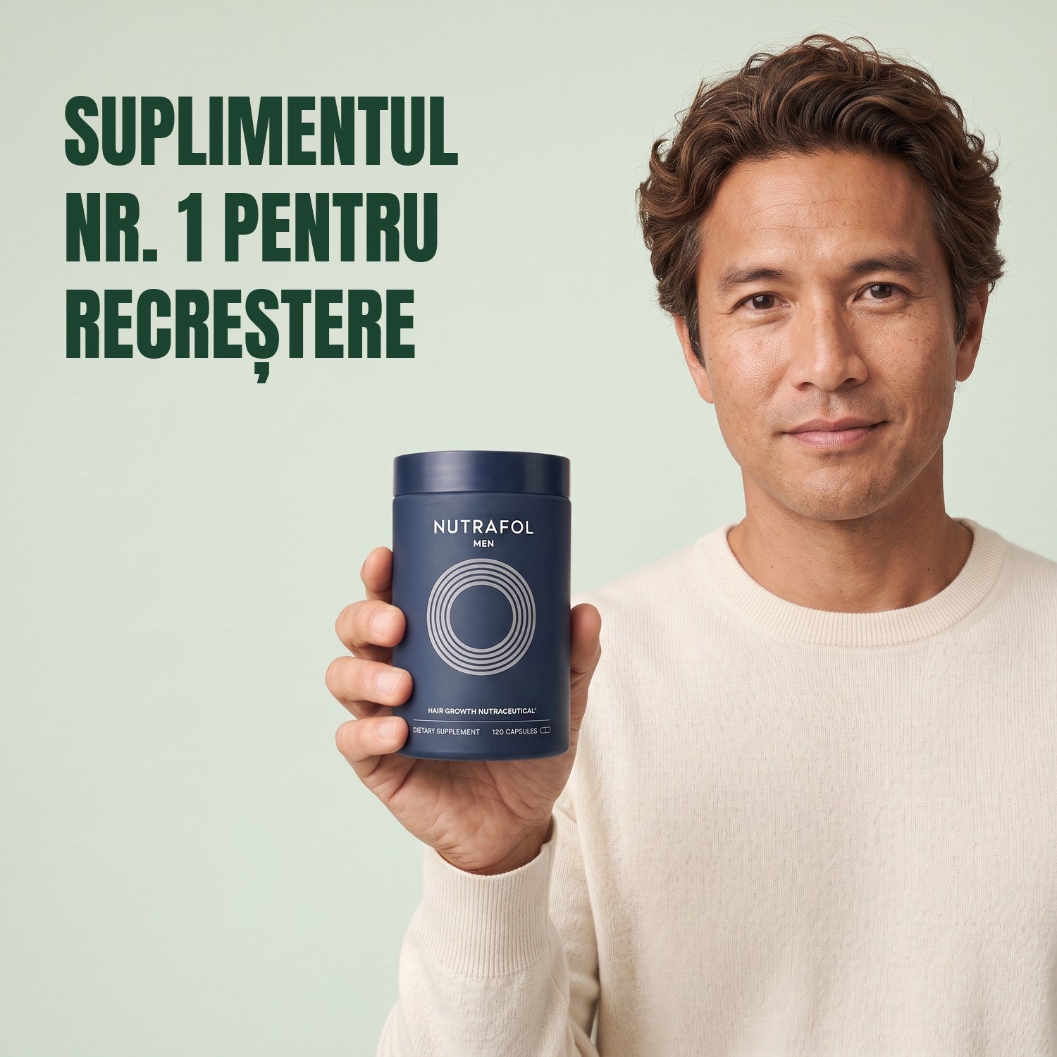 Man holding the Nutrafol for Men supplement box against a green background