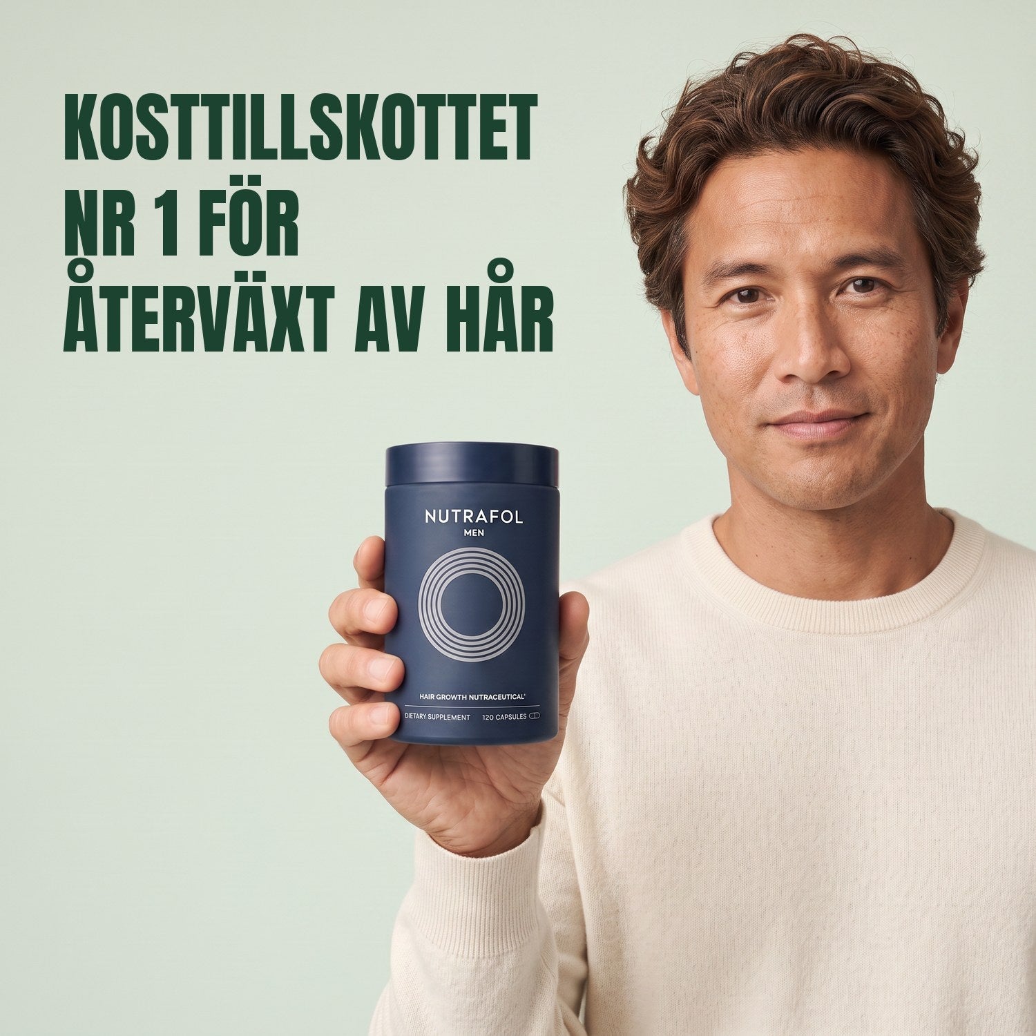 Man holding the Nutrafol for Men supplement box against a green background