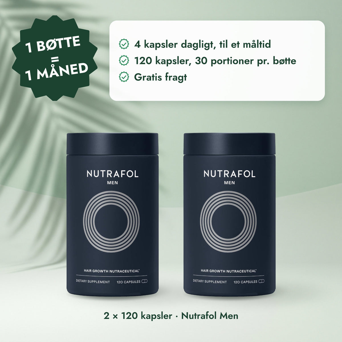 2 × 120 kapsler · Nutrafol Men: 1 bøtte = 1 måned