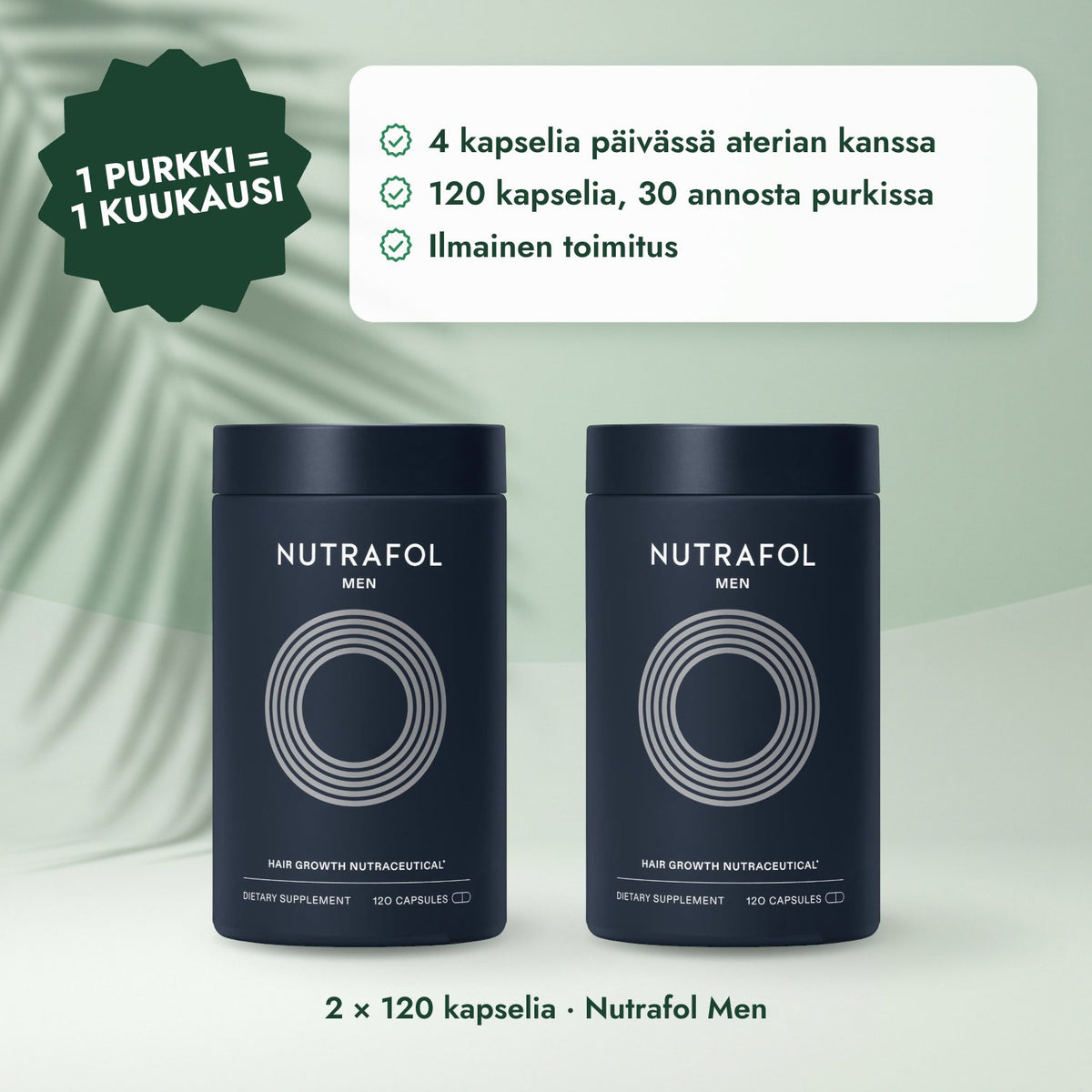 2 × 120 kapselia · Nutrafol Men: 1 purkki = 1 kuukausi