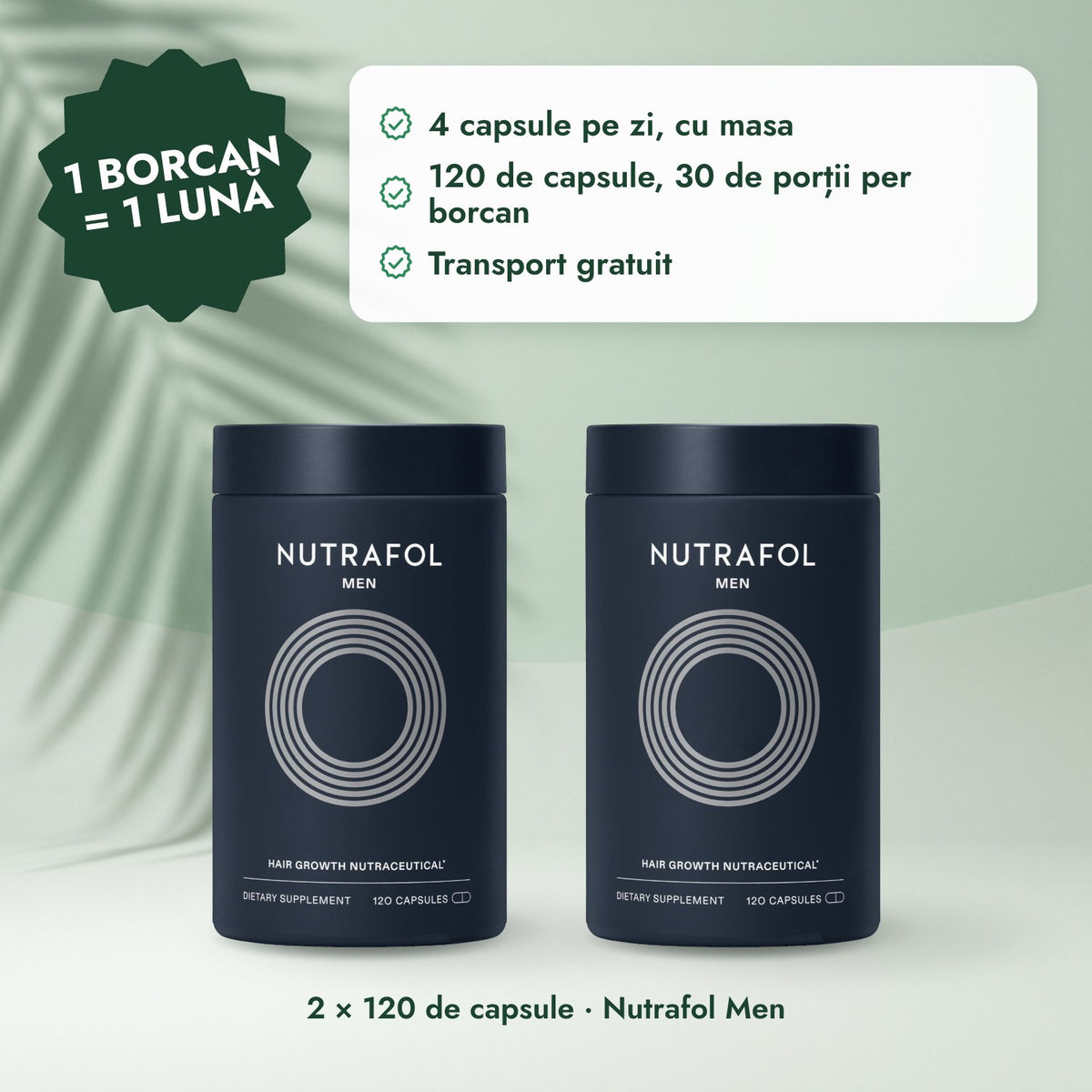 2 × 120 de capsule · Nutrafol Men: 1 borcan = 1 lună