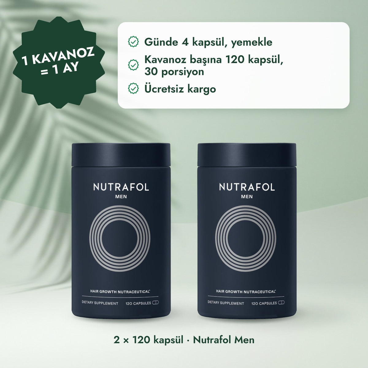 2 × 120 kapsül · Nutrafol Men: 1 kavanoz = 1 ay