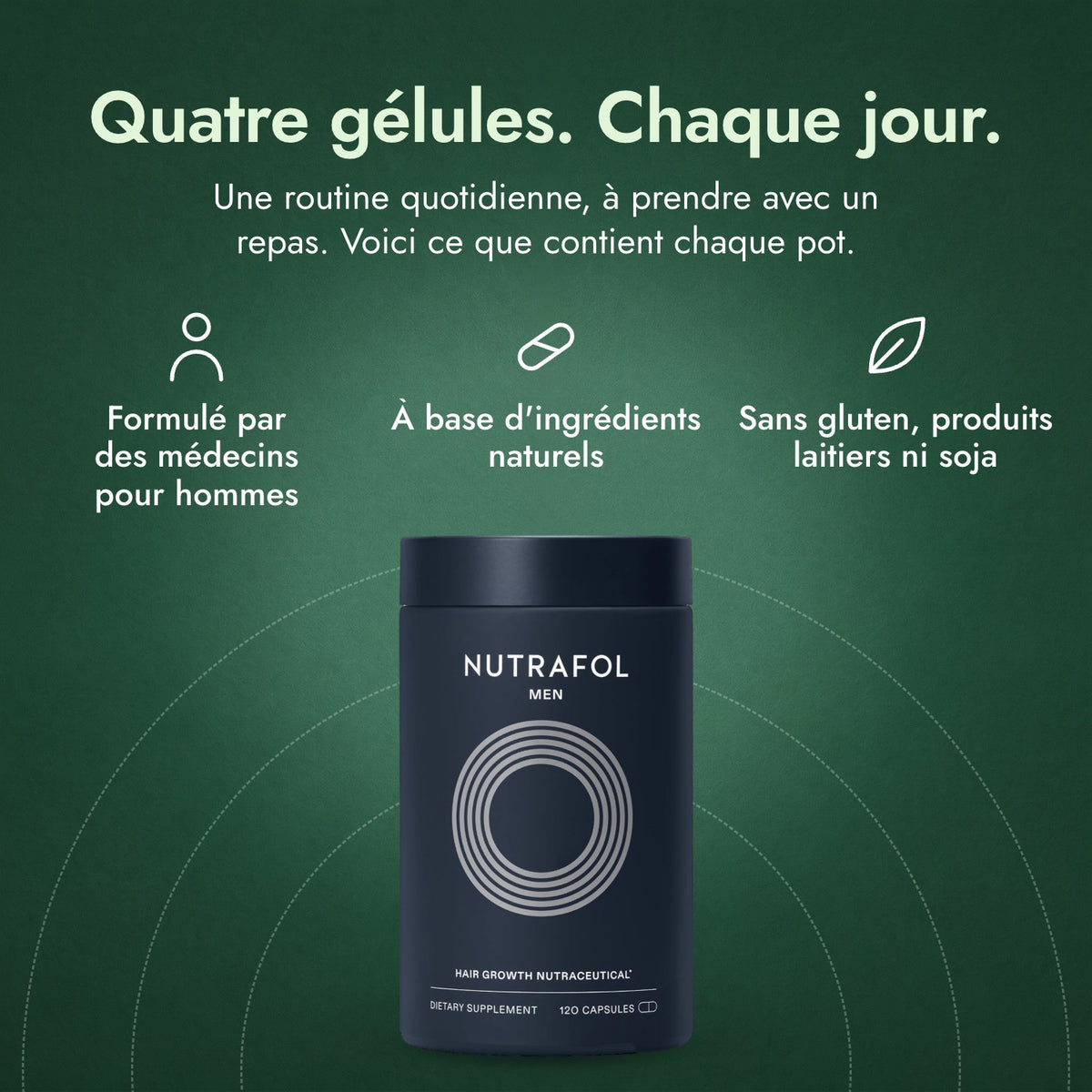 Nutrafol Men: Quatre gélules. Chaque jour. Formulé par des médecins pour hommes, À base d'ingrédients naturels, Sans gluten, produits laitiers ni soja