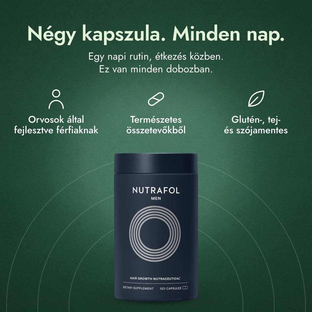 Nutrafol Men: Négy kapszula. Minden nap. Orvosok által fejlesztve férfiaknak, Természetes összetevőkből, Glutén-, tej- és szójamentes