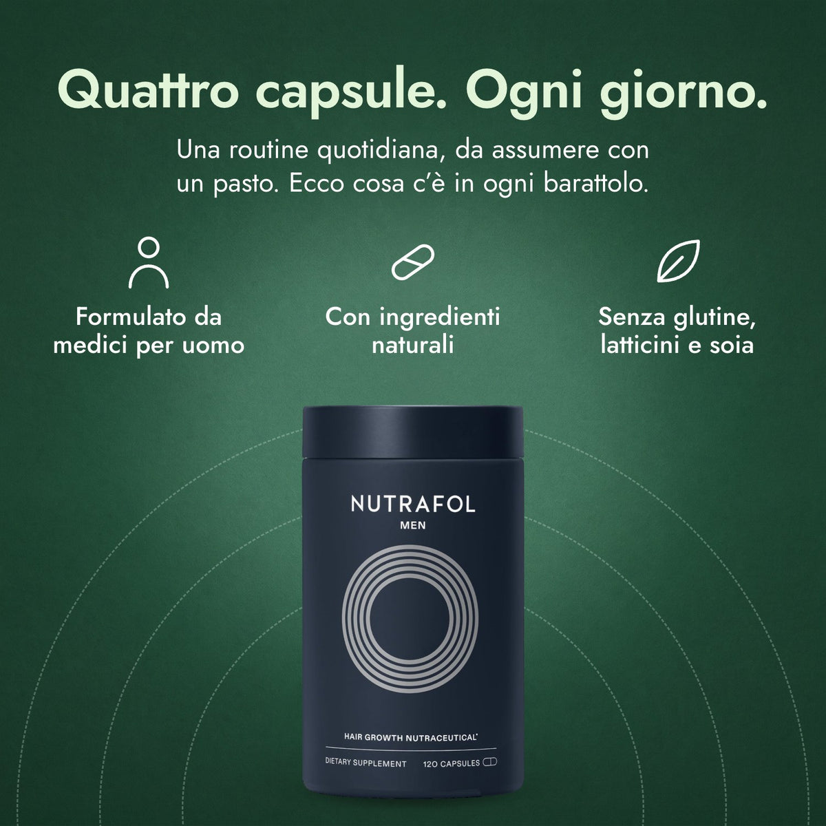 Nutrafol Men: Quattro capsule. Ogni giorno. Formulato da medici per uomo, Con ingredienti naturali, Senza glutine, latticini e soia