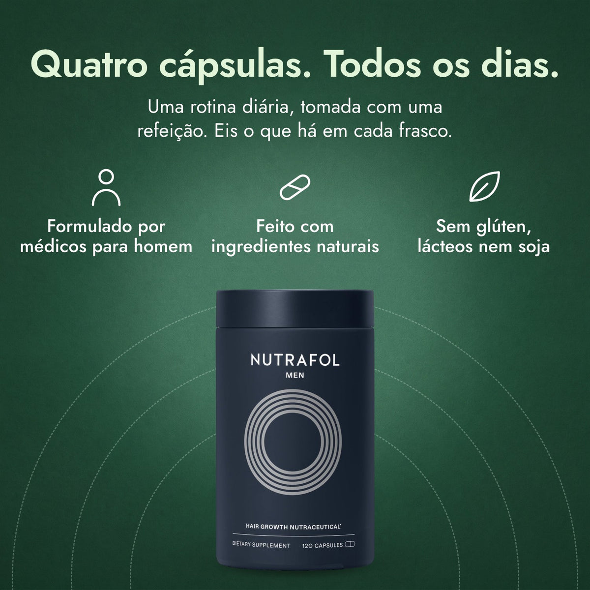 Nutrafol Men: Quatro cápsulas. Todos os dias. Formulado por médicos para homem, Feito com ingredientes naturais, Sem glúten, lácteos nem soja