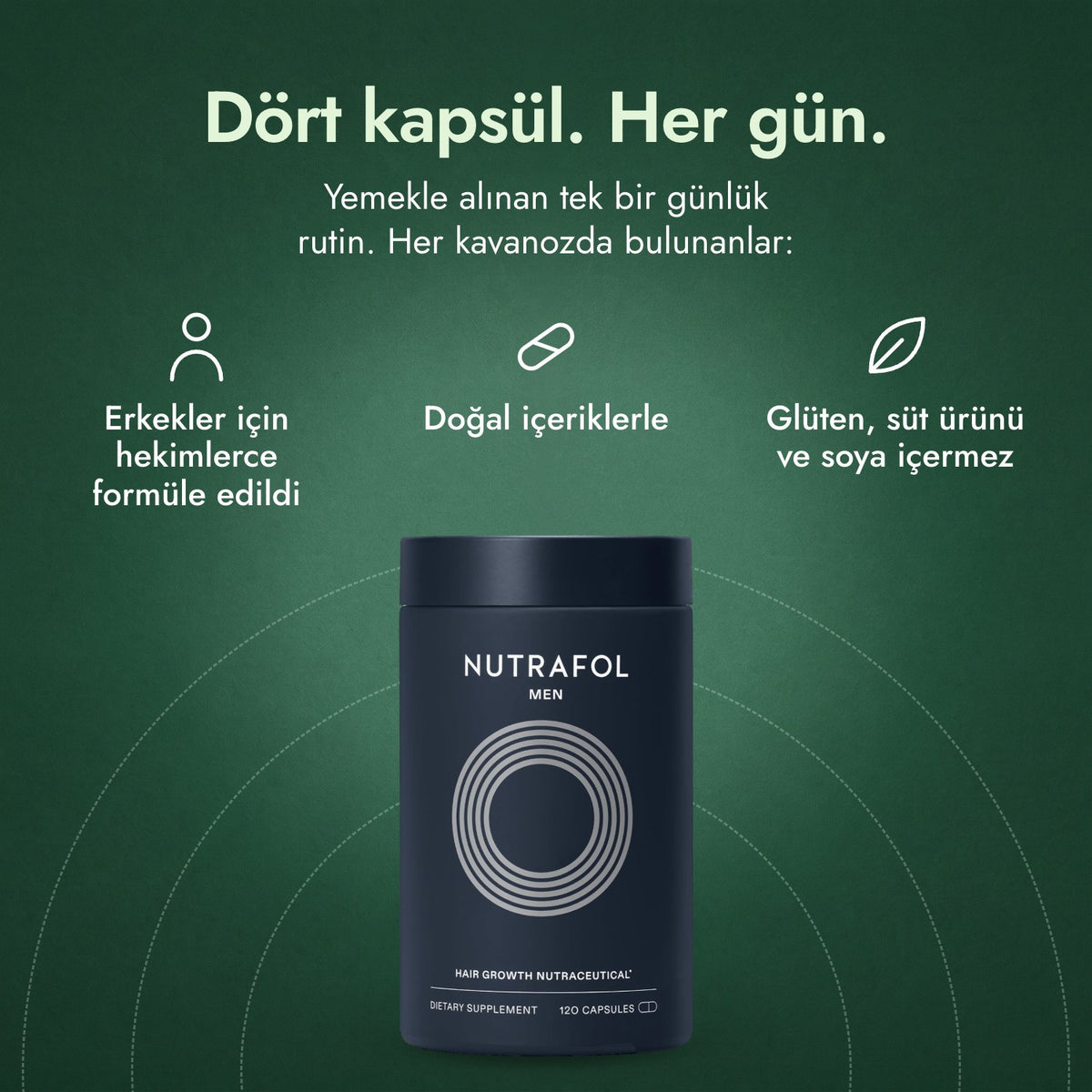 Nutrafol Men: Dört kapsül. Her gün. Erkekler için hekimlerce formüle edildi, Doğal içeriklerle, Glüten, süt ürünü ve soya içermez