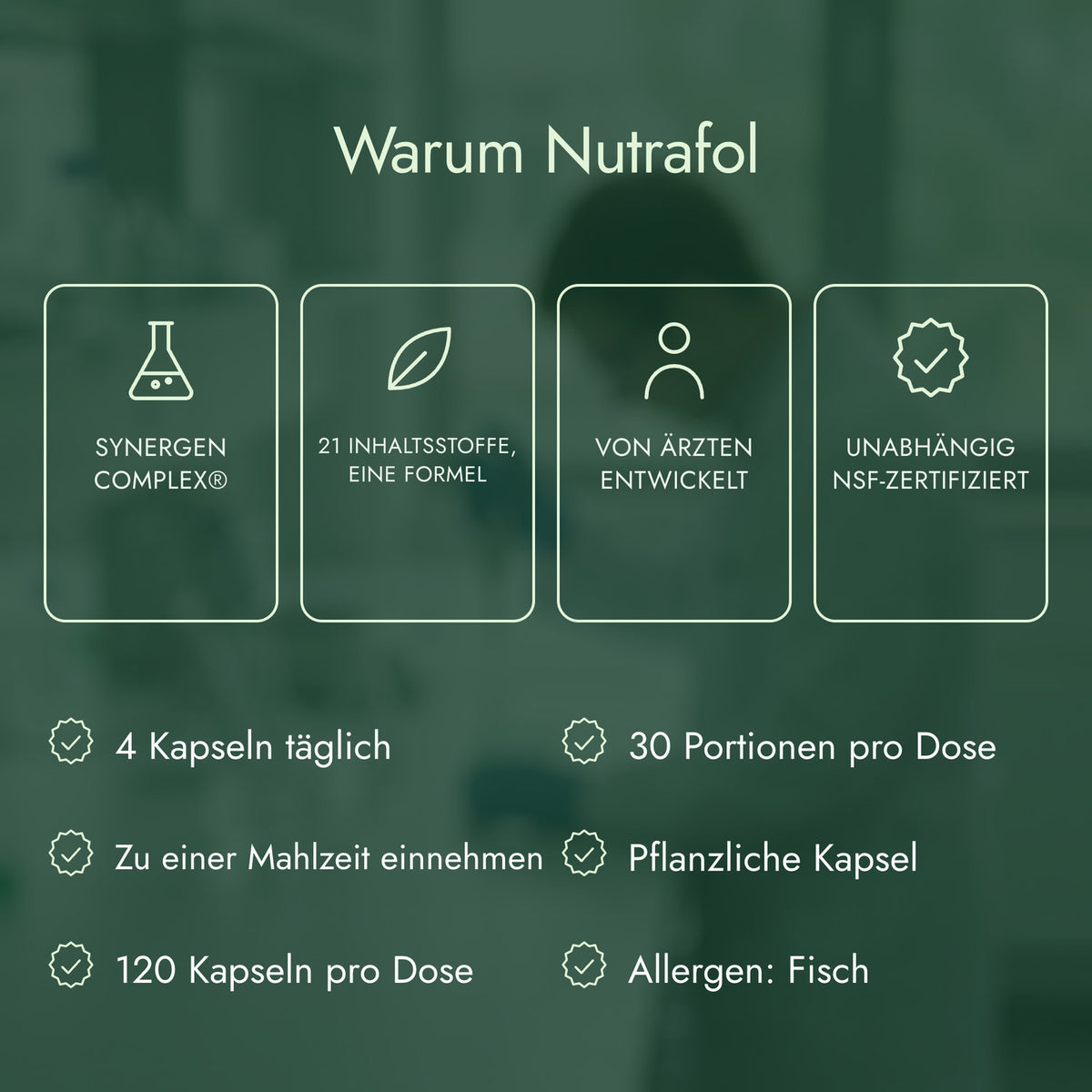 Warum Nutrafol: Synergen Complex®, 21 Inhaltsstoffe, eine Formel, Von Ärzten entwickelt, Unabhängig NSF-zertifiziert