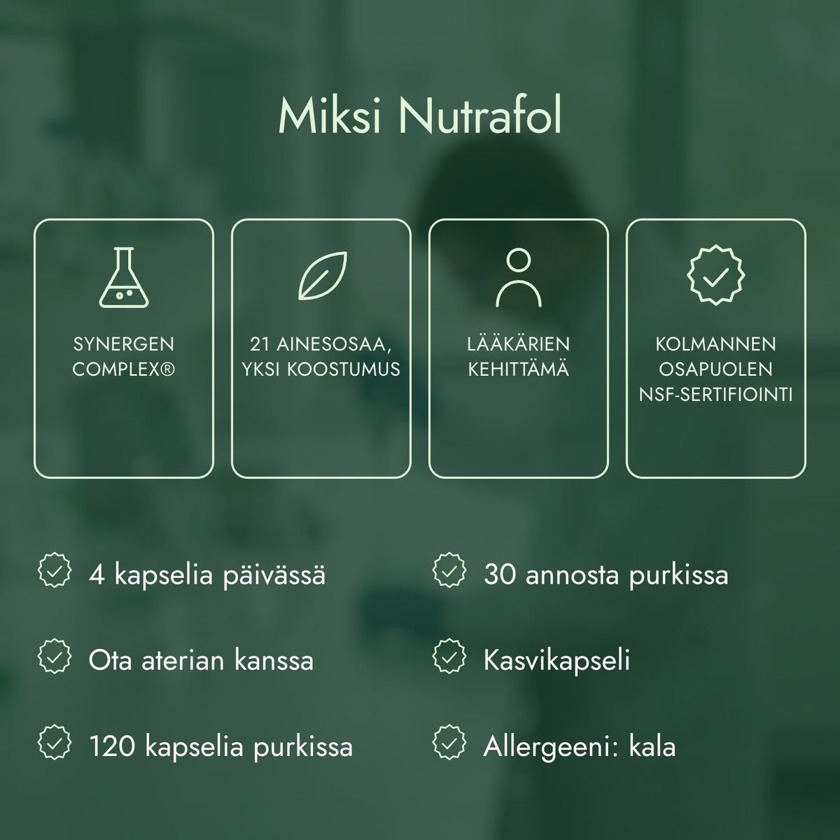 Miksi Nutrafol: Synergen Complex®, 21 ainesosaa, yksi koostumus, Lääkärien kehittämä, Kolmannen osapuolen NSF-sertifiointi