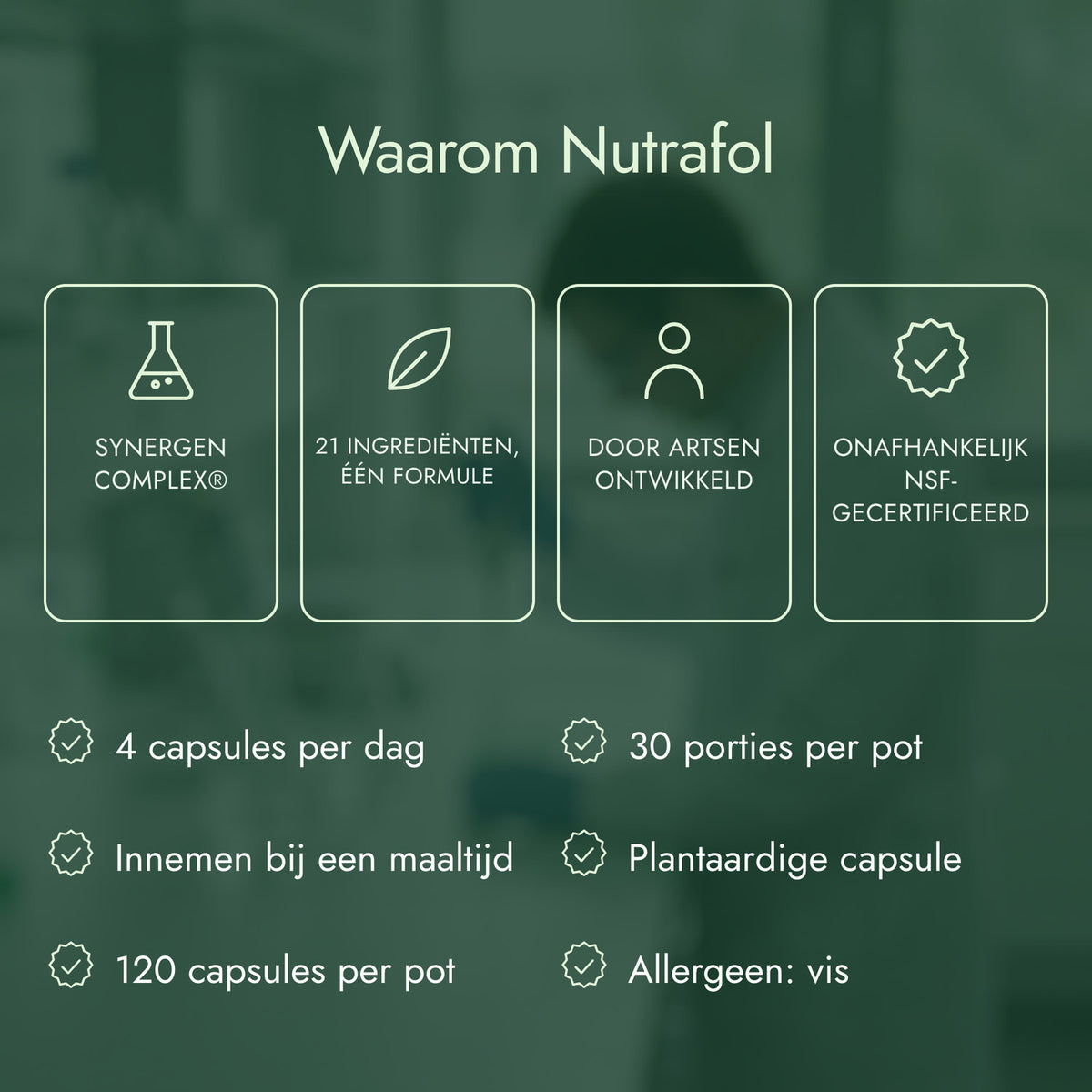 Waarom Nutrafol: Synergen Complex®, 21 ingrediënten, één formule, Door artsen ontwikkeld, Onafhankelijk NSF-gecertificeerd