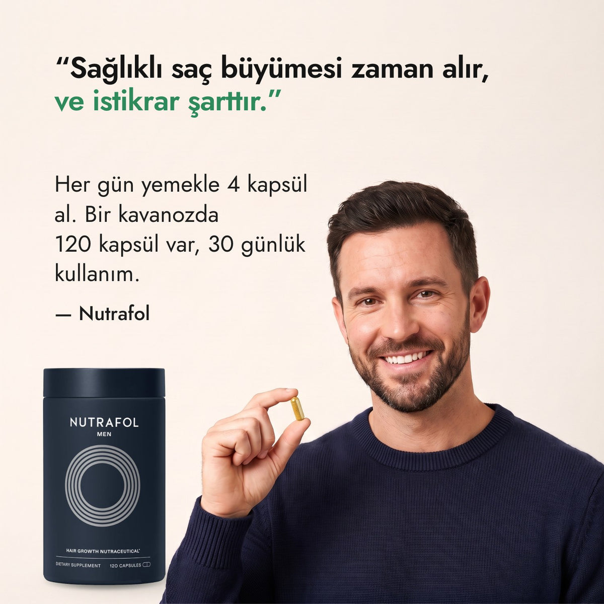 Sağlıklı saç büyümesi zaman alır, ve istikrar şarttır. — Nutrafol
