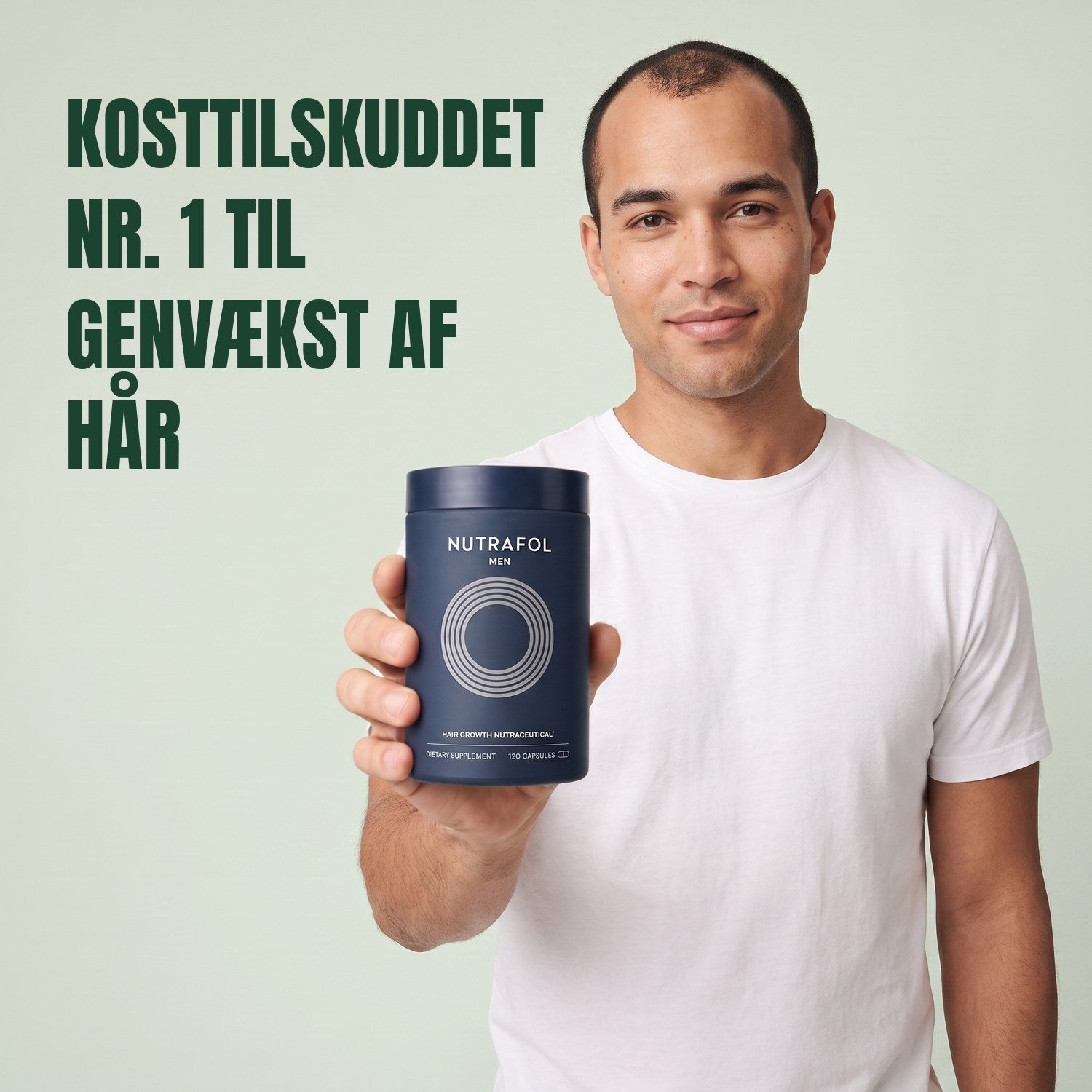 Man holding the Nutrafol for Men supplement box against a green background