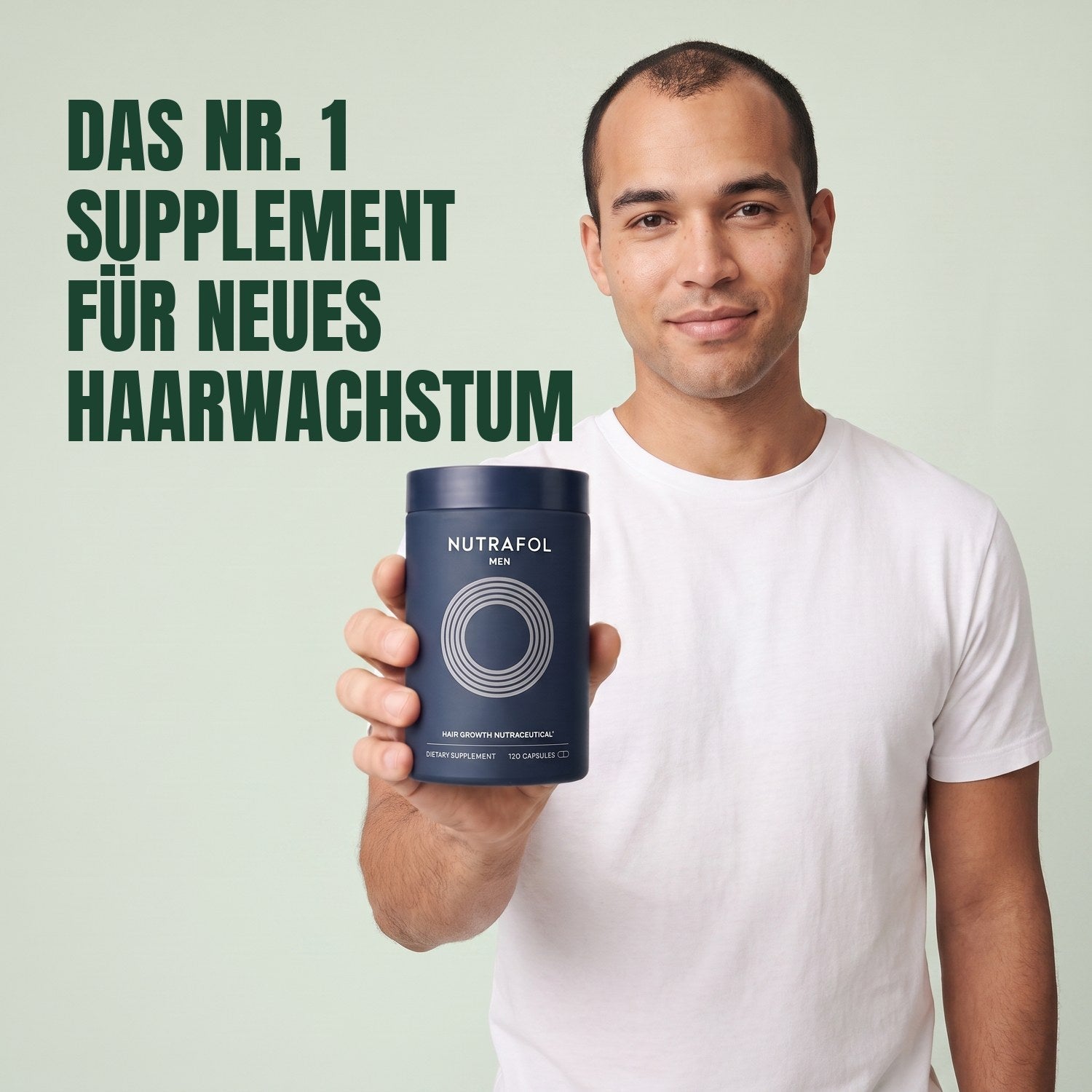 Man holding the Nutrafol for Men supplement box against a green background