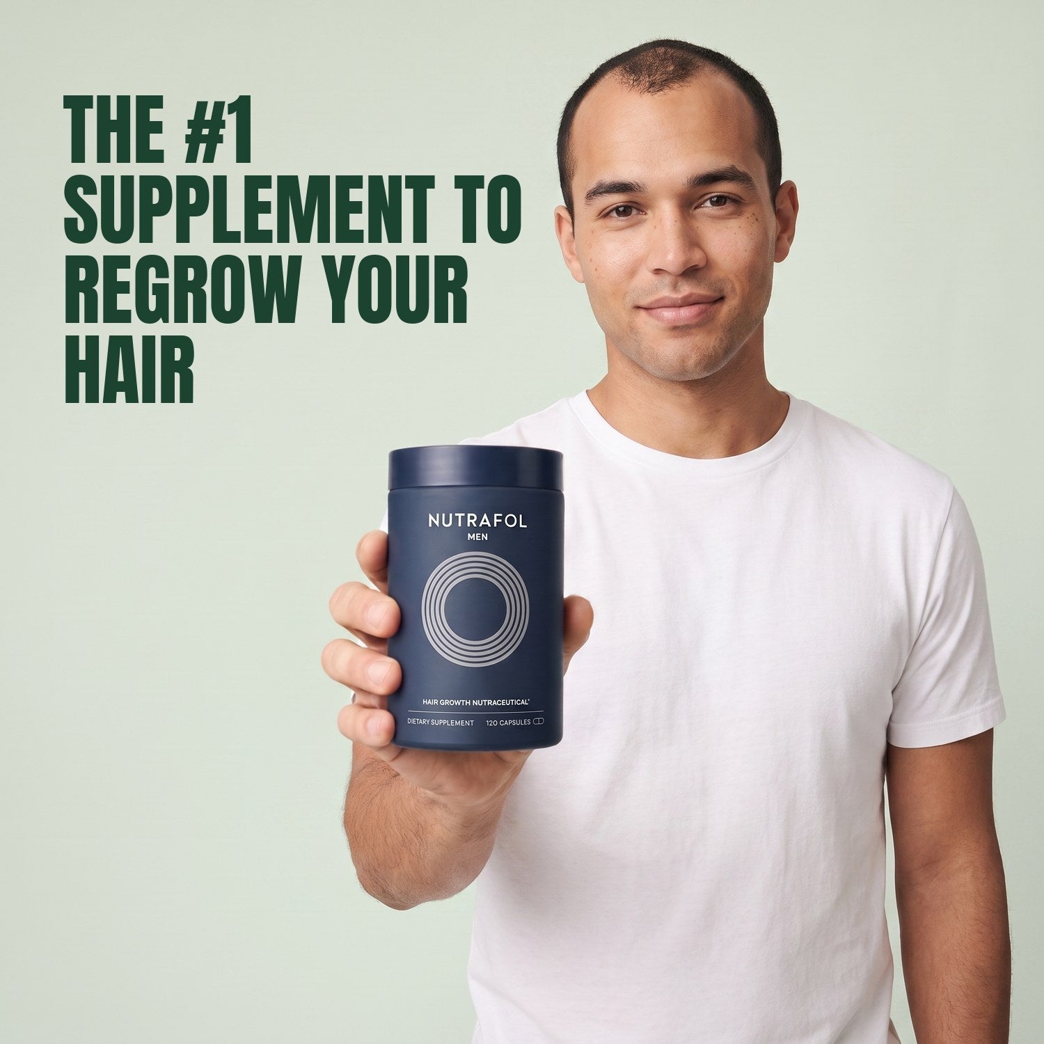 Man holding the Nutrafol for Men supplement box against a green background