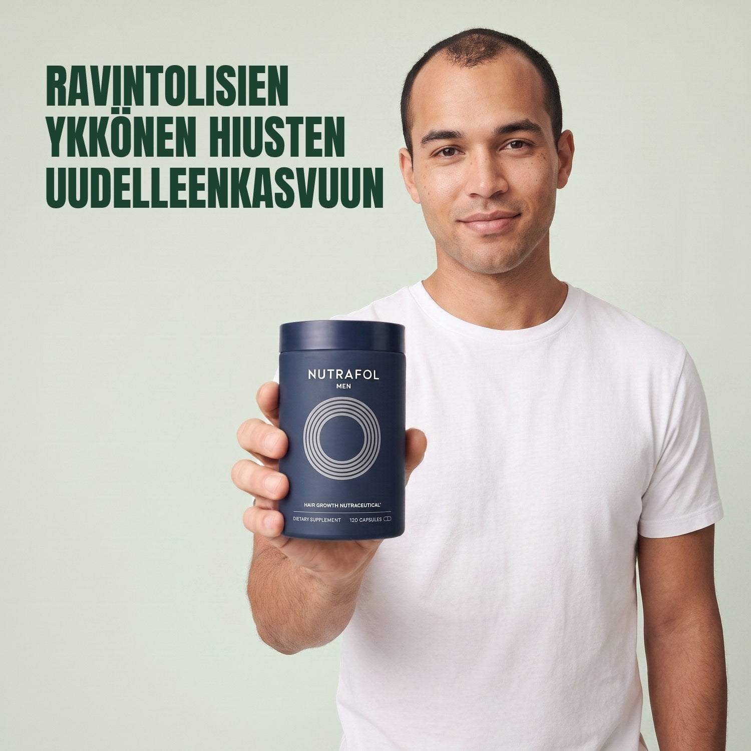 Man holding the Nutrafol for Men supplement box against a green background