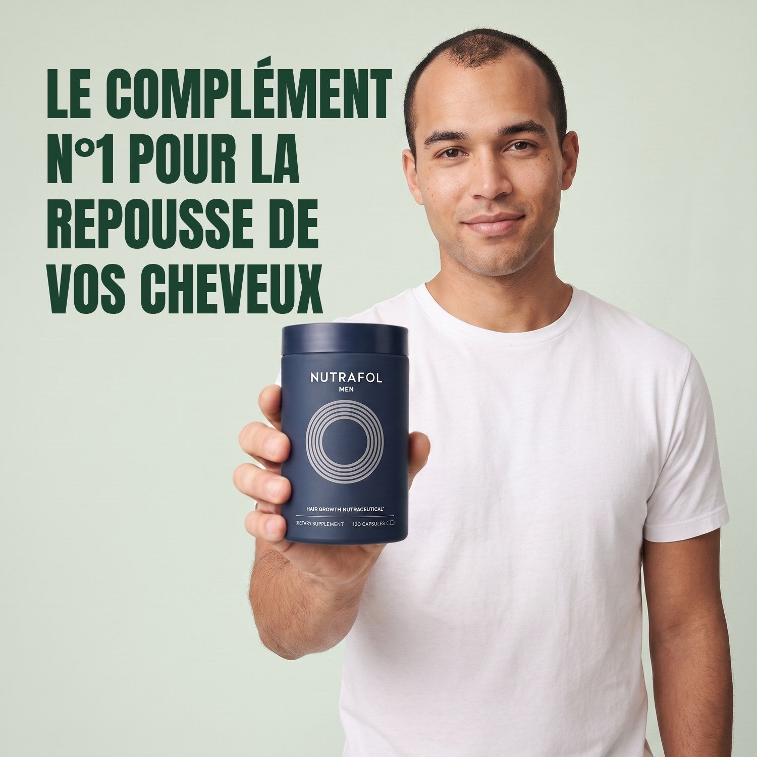 Man holding the Nutrafol for Men supplement box against a green background