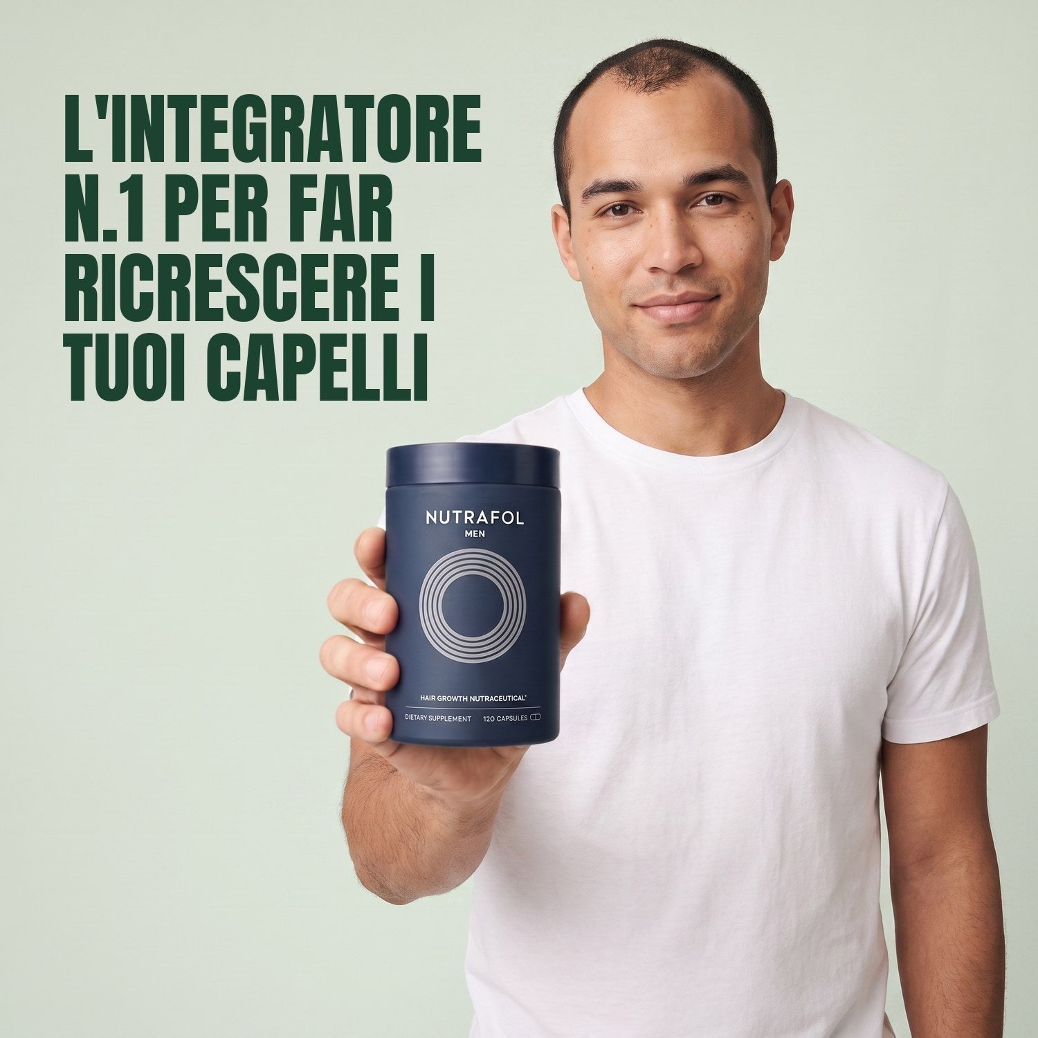 Man holding the Nutrafol for Men supplement box against a green background