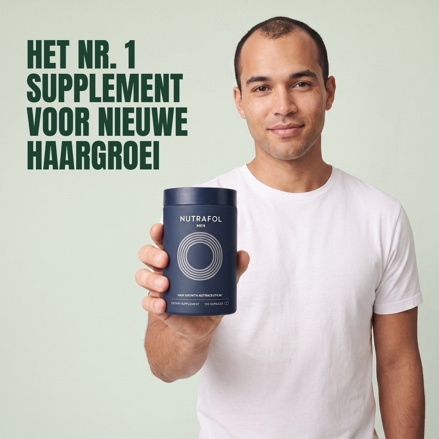 Man holding the Nutrafol for Men supplement box against a green background