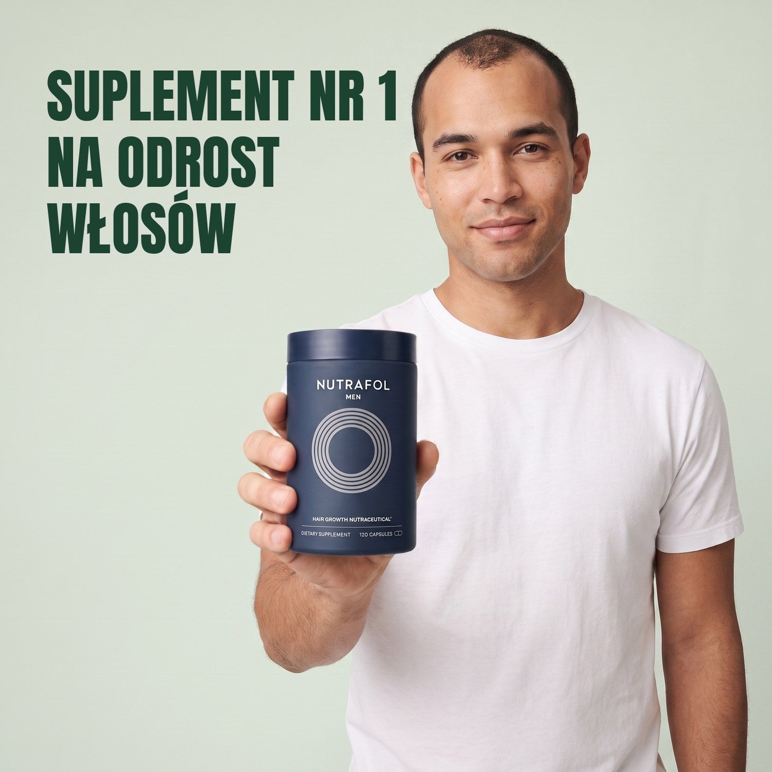 Man holding the Nutrafol for Men supplement box against a green background