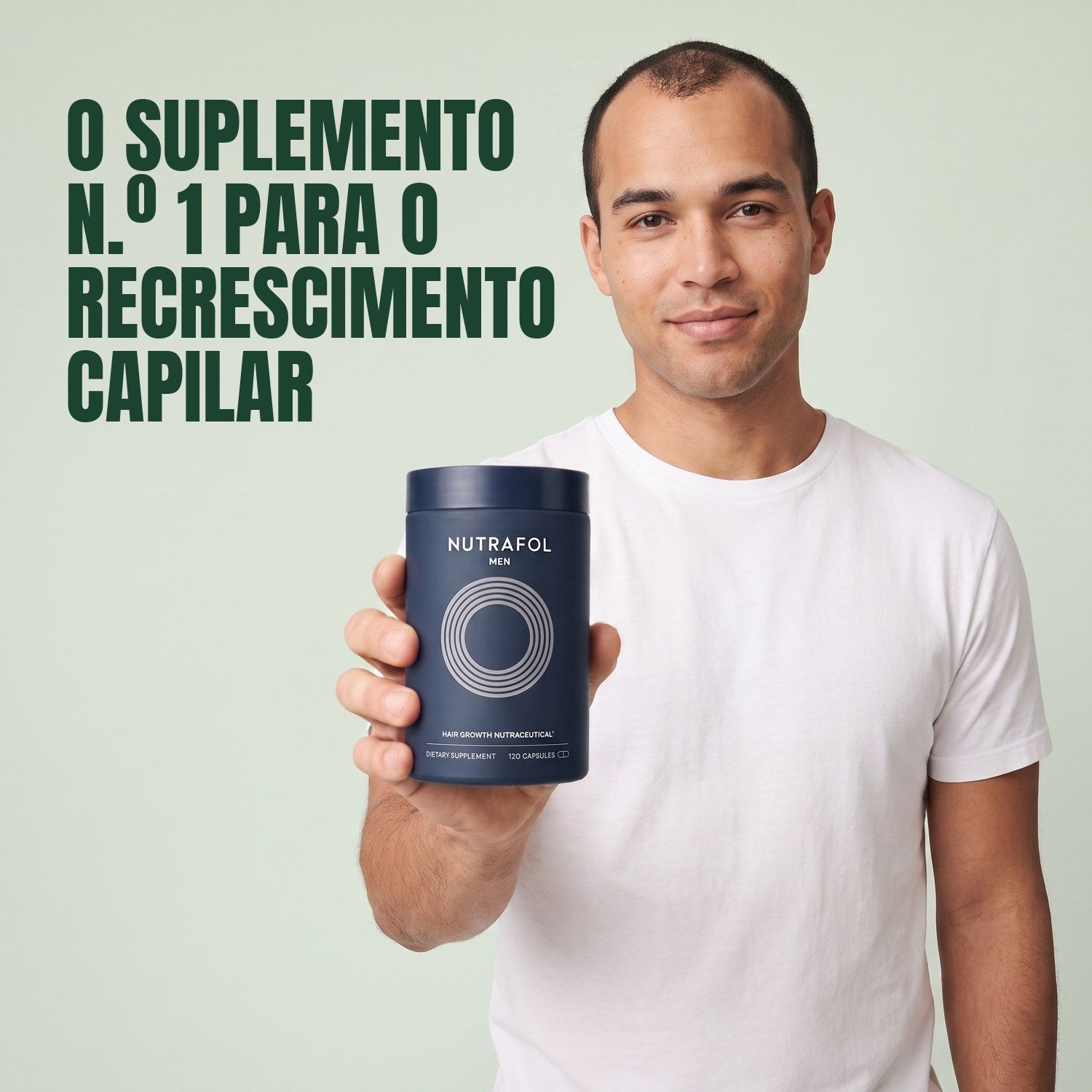 Man holding the Nutrafol for Men supplement box against a green background