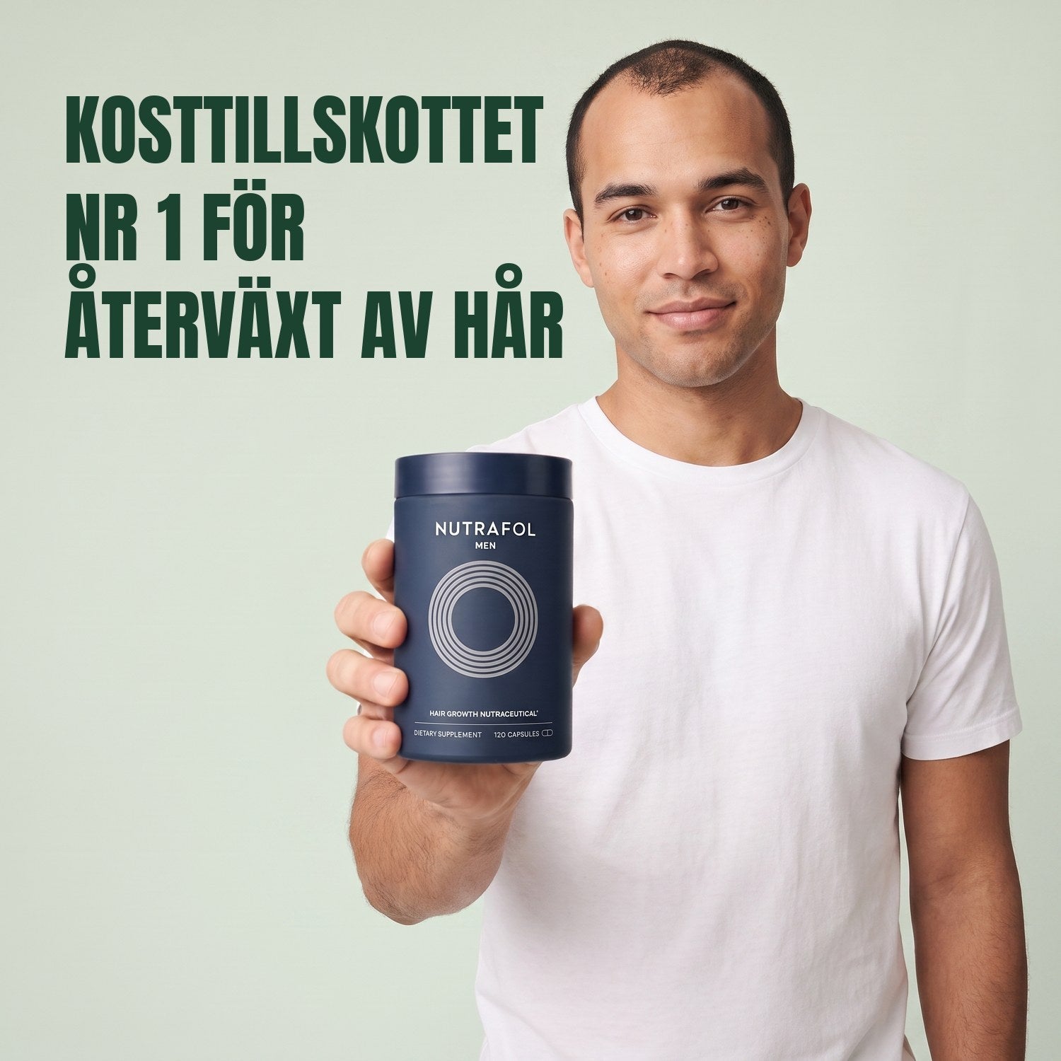 Man holding the Nutrafol for Men supplement box against a green background