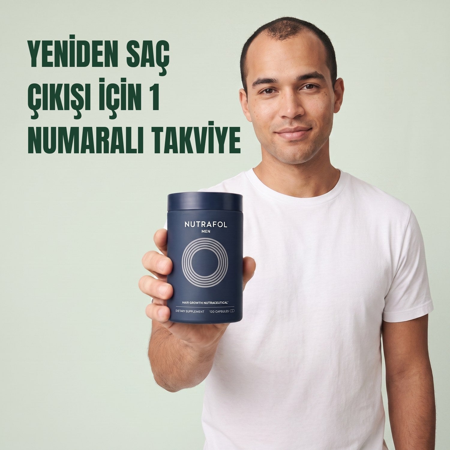 Man holding the Nutrafol for Men supplement box against a green background