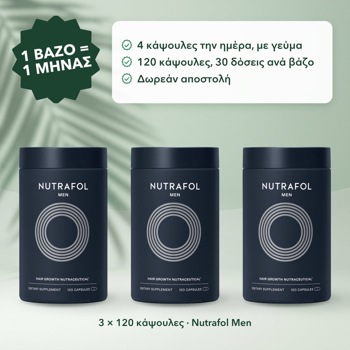 3 × 120 κάψουλες · Nutrafol Men: 1 βάζο = 1 μήνας