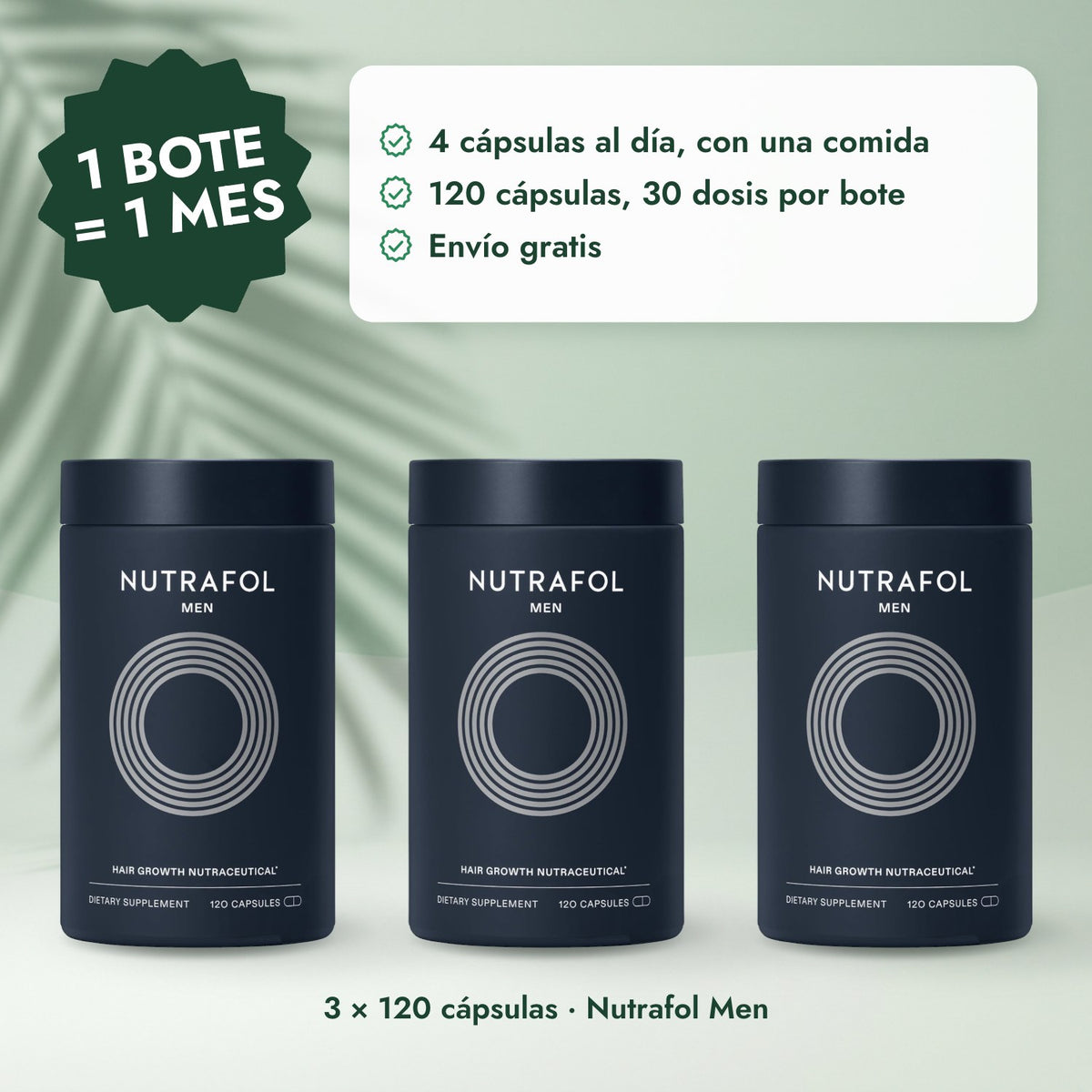 3 × 120 cápsulas · Nutrafol Men: 1 bote = 1 mes