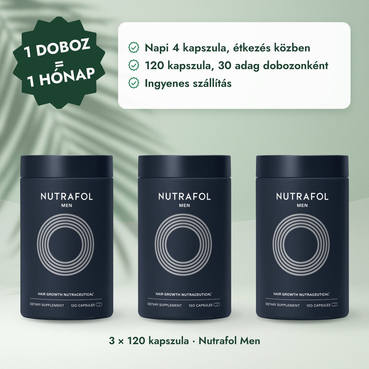 3 × 120 kapszula · Nutrafol Men: 1 doboz = 1 hónap
