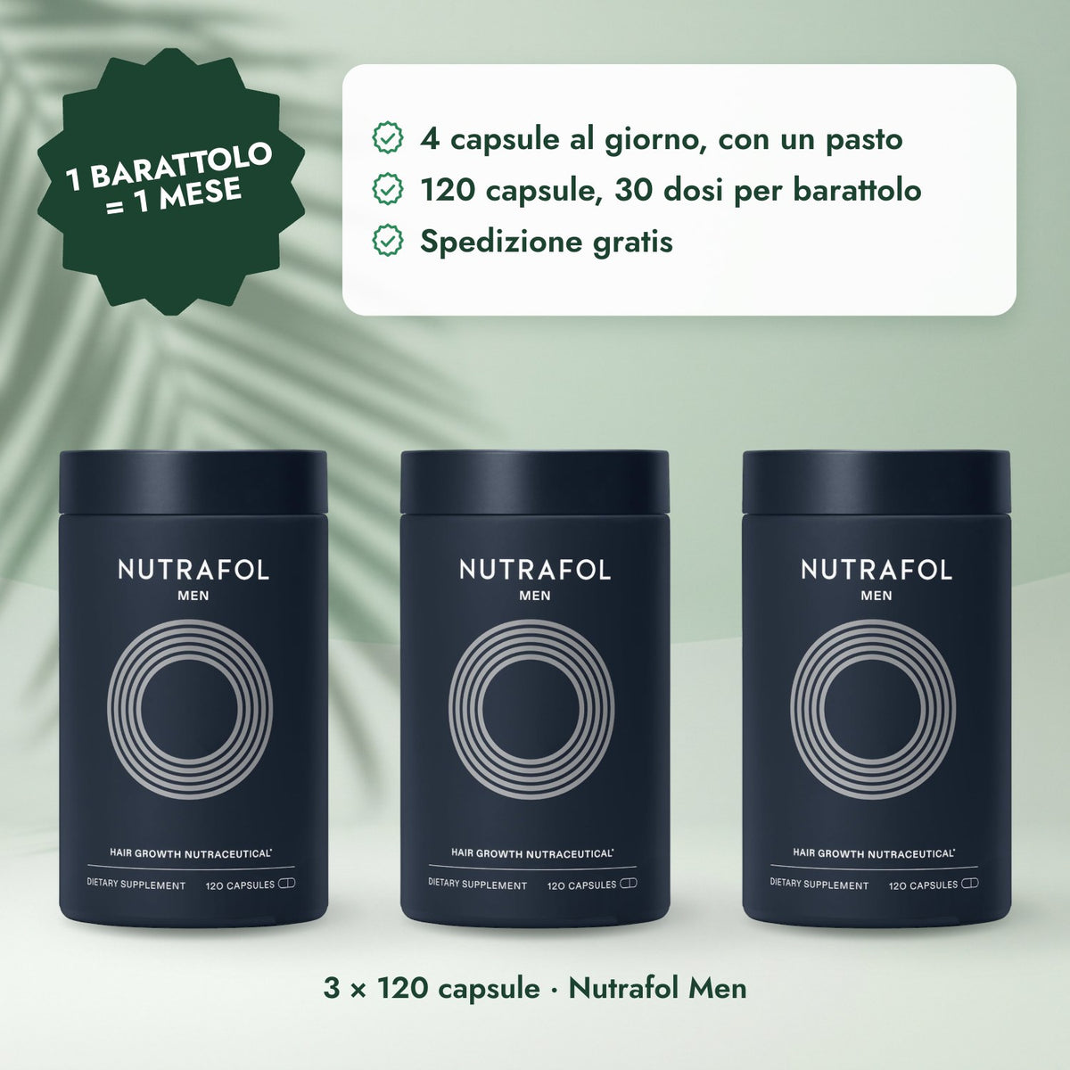 3 × 120 capsule · Nutrafol Men: 1 barattolo = 1 mese