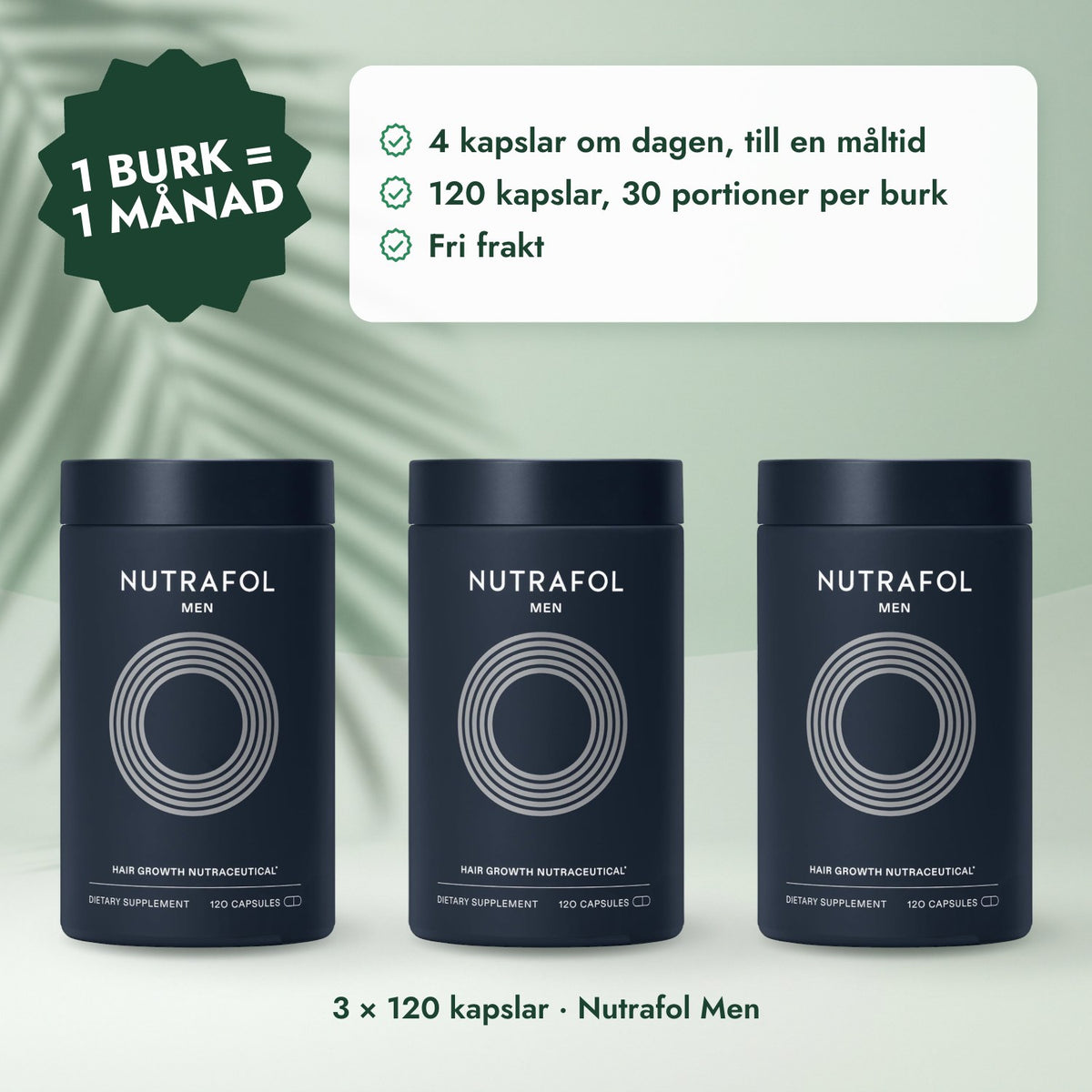 3 × 120 kapslar · Nutrafol Men: 1 burk = 1 månad