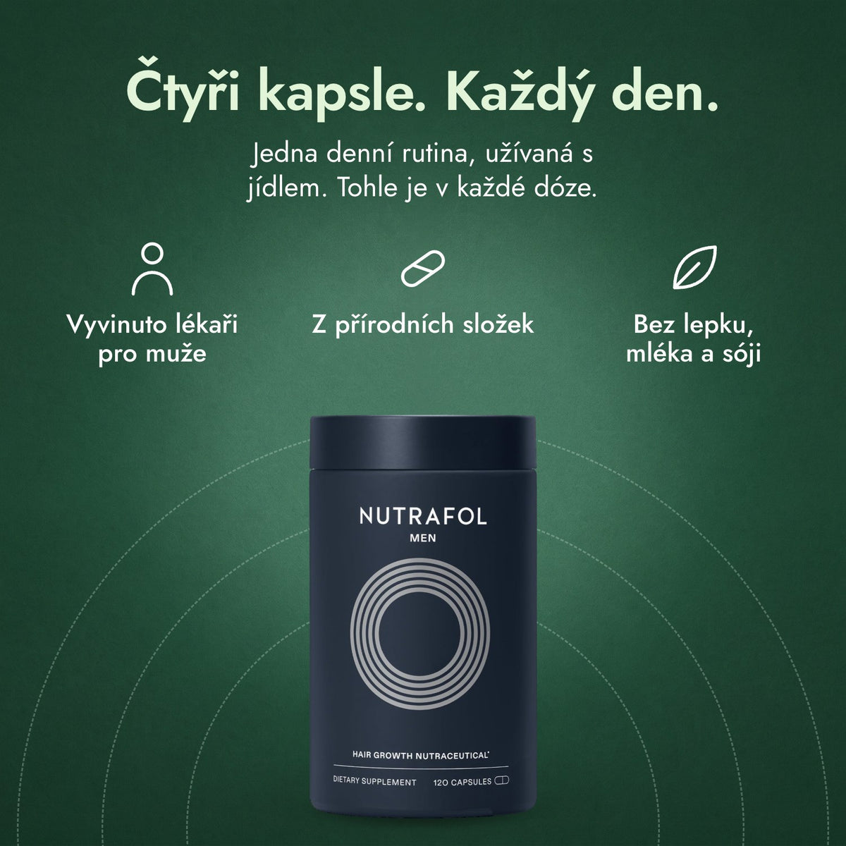 Nutrafol Men: Čtyři kapsle. Každý den. Vyvinuto lékaři pro muže, Z přírodních složek, Bez lepku, mléka a sóji