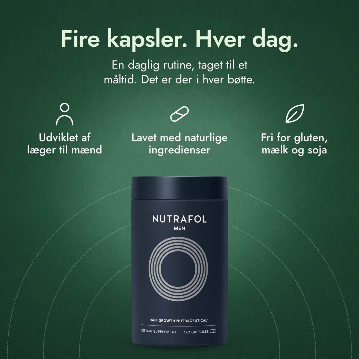 Nutrafol Men: Fire kapsler. Hver dag. Udviklet af læger til mænd, Lavet med naturlige ingredienser, Fri for gluten, mælk og soja