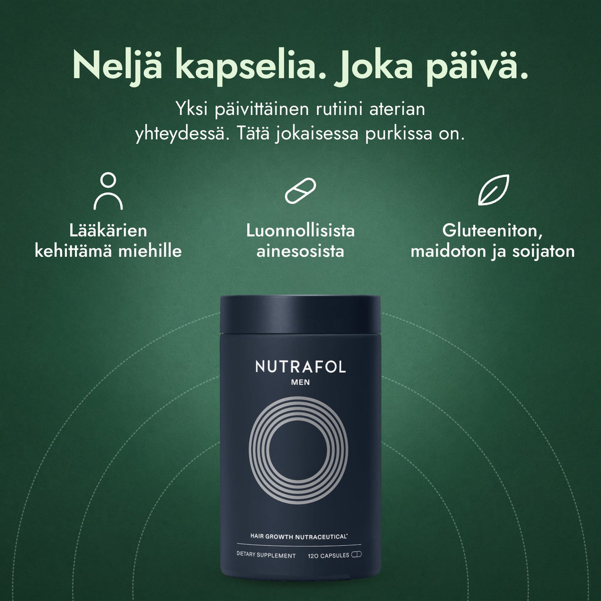 Nutrafol Men: Neljä kapselia. Joka päivä. Lääkärien kehittämä miehille, Luonnollisista ainesosista, Gluteeniton, maidoton ja soijaton