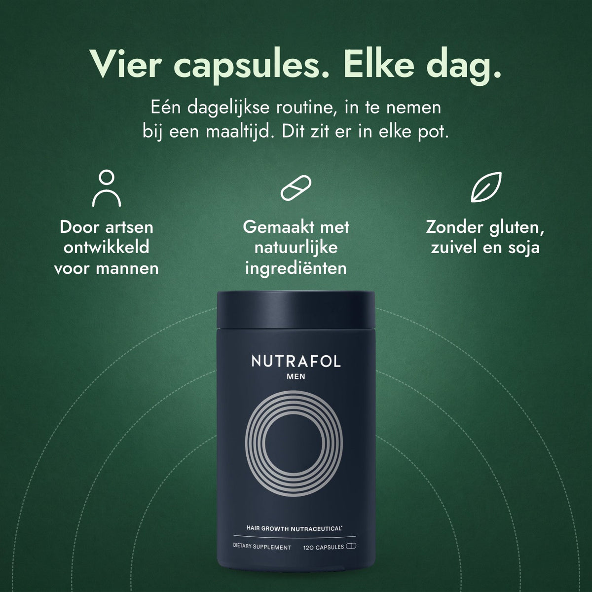 Nutrafol Men: Vier capsules. Elke dag. Door artsen ontwikkeld voor mannen, Gemaakt met natuurlijke ingrediënten, Zonder gluten, zuivel en soja