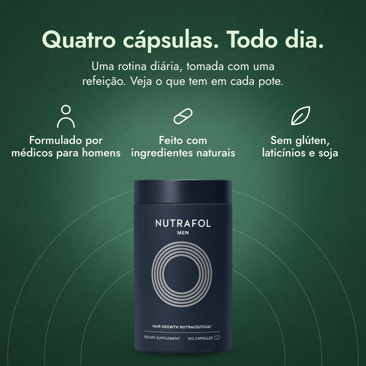 Nutrafol Men: Quatro cápsulas. Todo dia. Formulado por médicos para homens, Feito com ingredientes naturais, Sem glúten, laticínios e soja