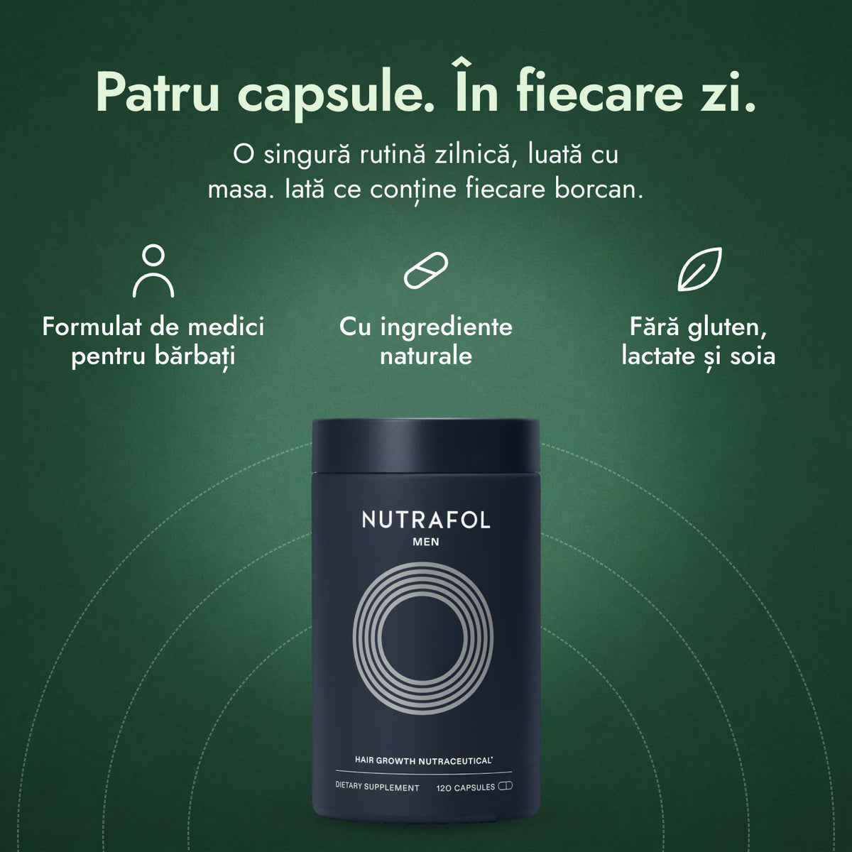 Nutrafol Men: Patru capsule. În fiecare zi. Formulat de medici pentru bărbați, Cu ingrediente naturale, Fără gluten, lactate și soia