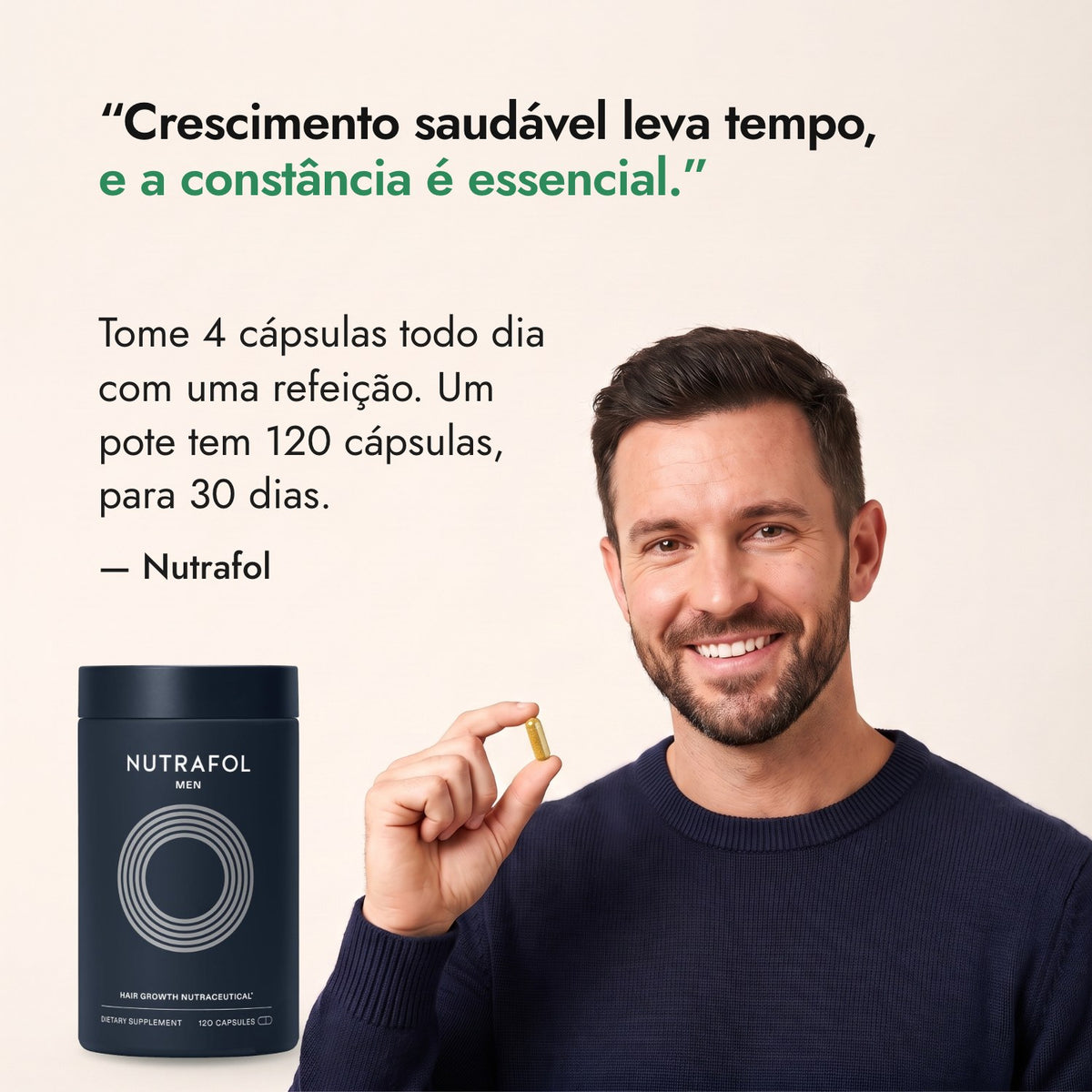 Crescimento saudável leva tempo, e a constância é essencial. — Nutrafol