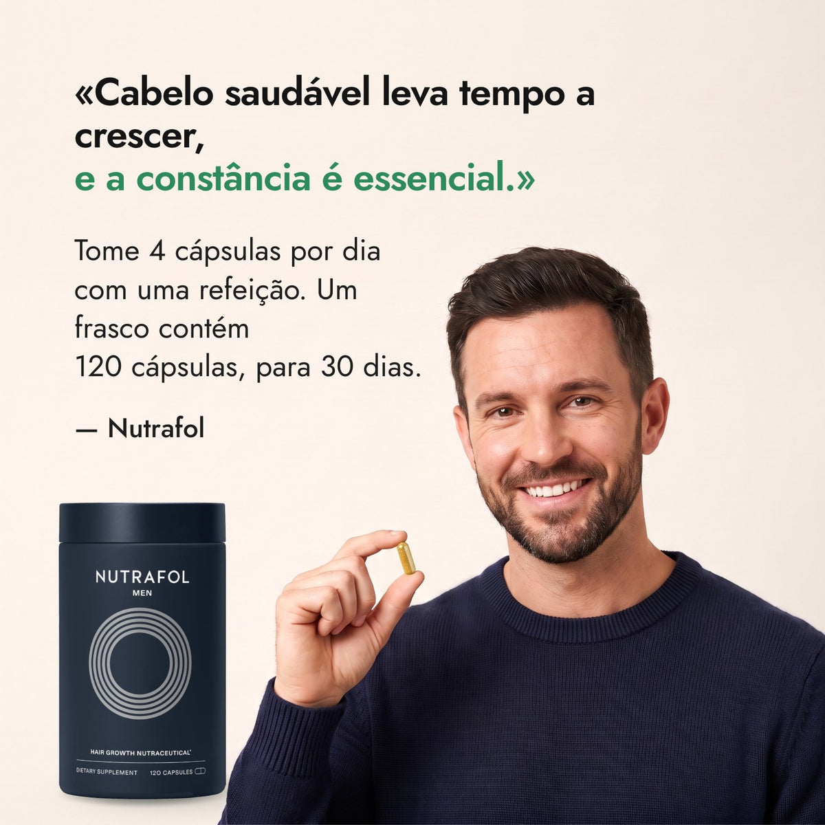 Cabelo saudável leva tempo a crescer, e a constância é essencial. — Nutrafol