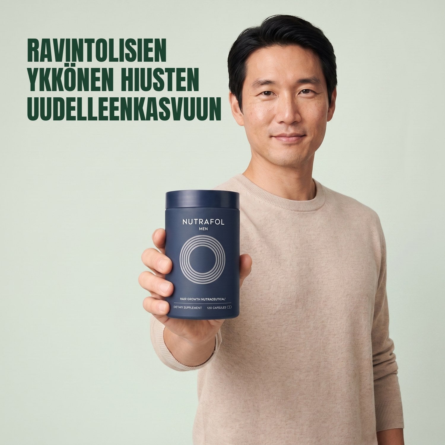 Man holding the Nutrafol for Men supplement box against a green background