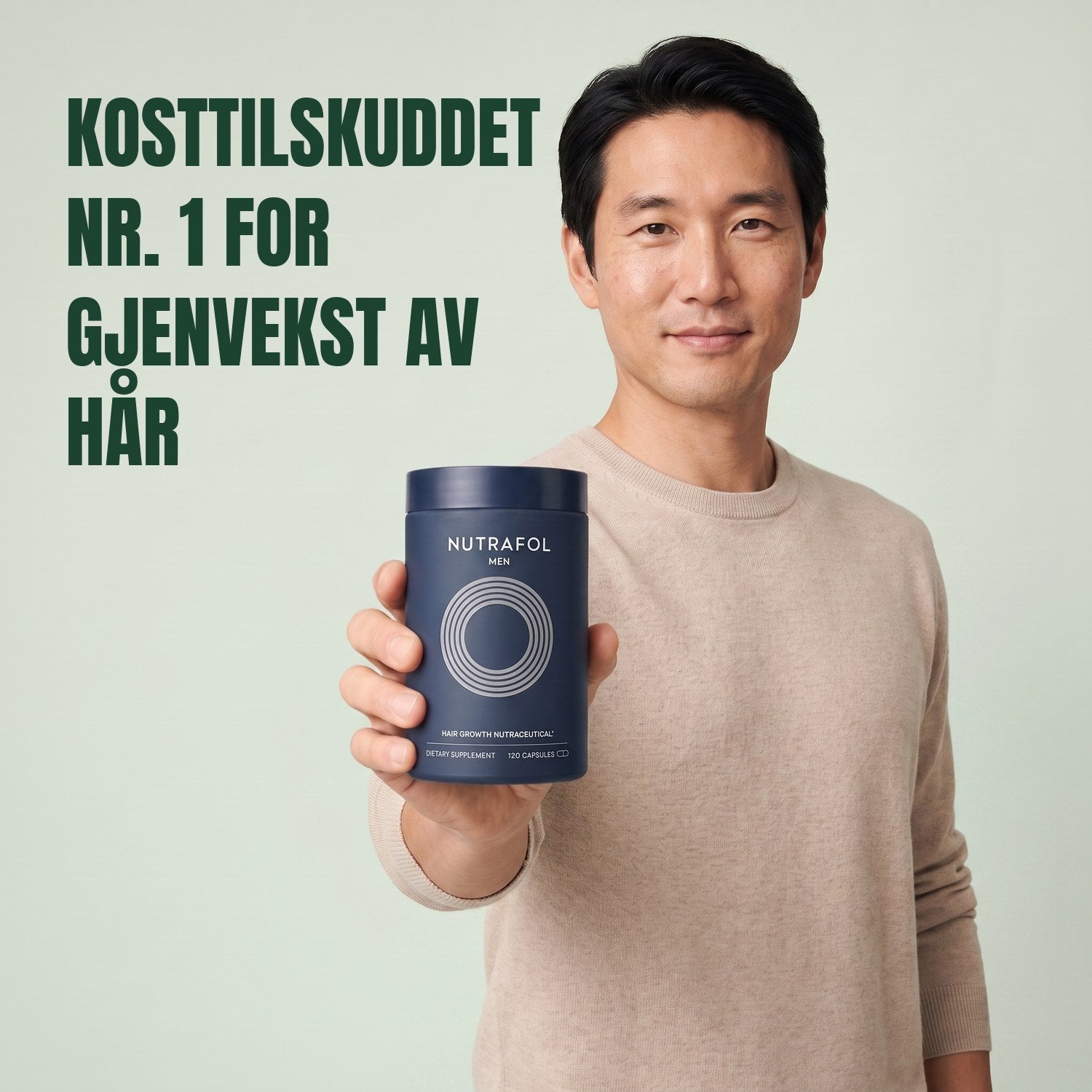 Man holding the Nutrafol for Men supplement box against a green background