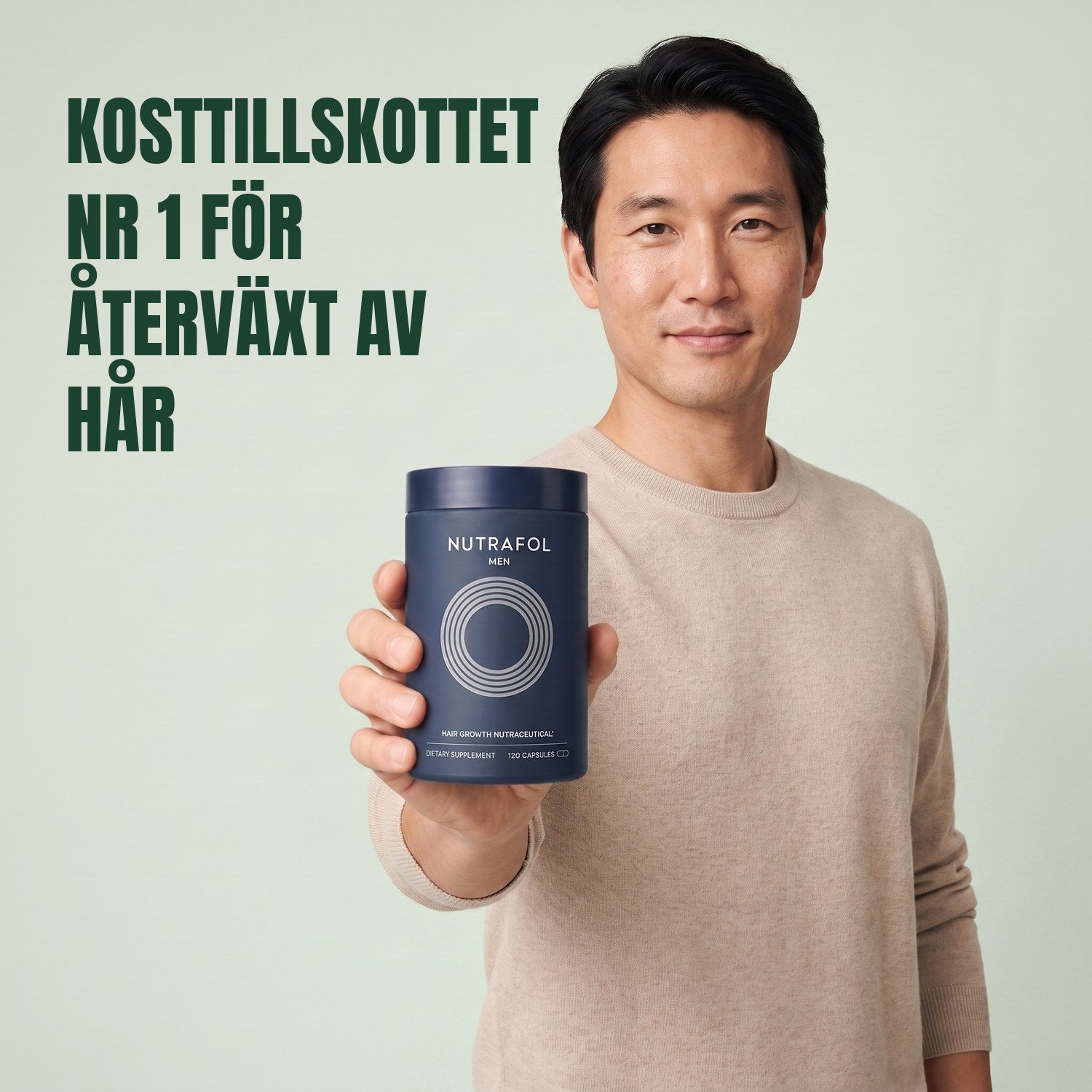 Man holding the Nutrafol for Men supplement box against a green background