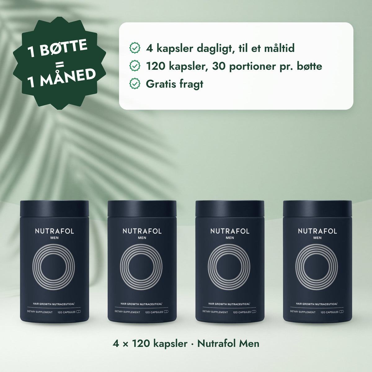 4 × 120 kapsler · Nutrafol Men: 1 bøtte = 1 måned
