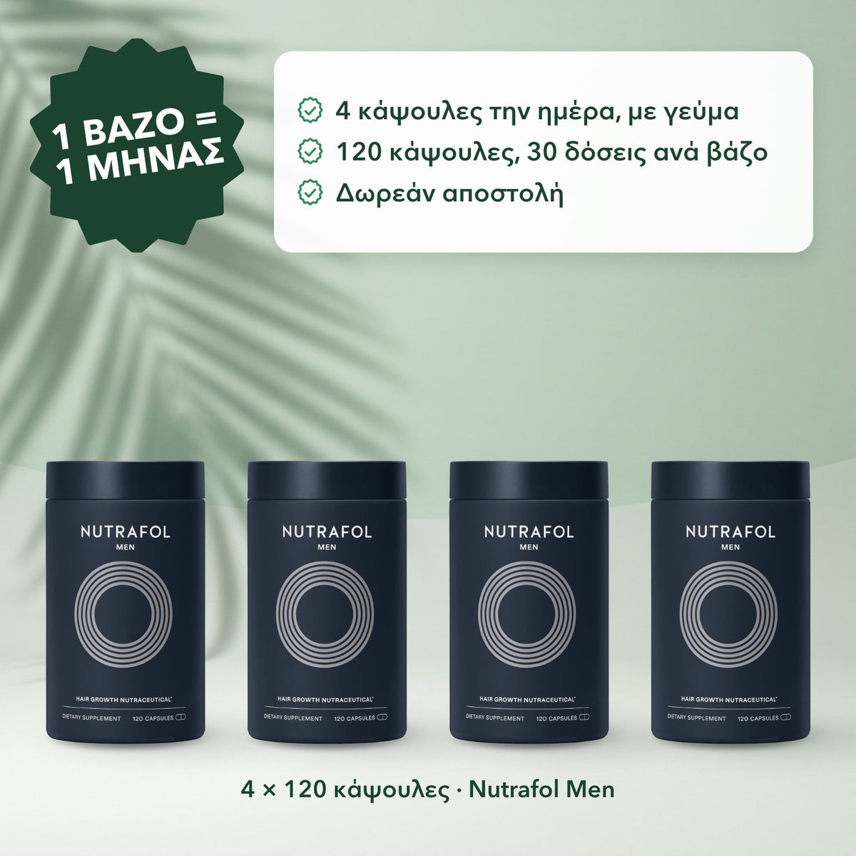 4 × 120 κάψουλες · Nutrafol Men: 1 βάζο = 1 μήνας
