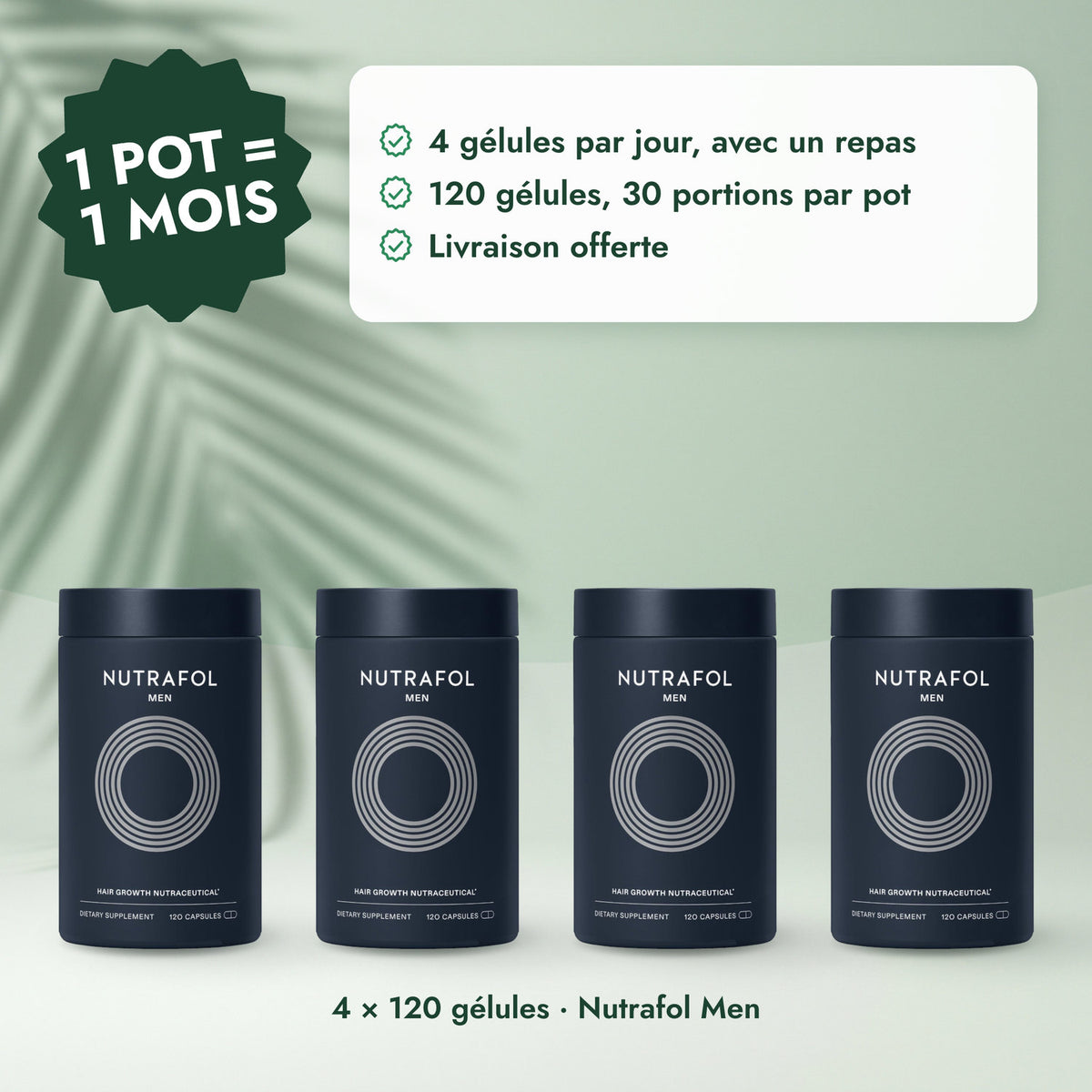 4 × 120 gélules · Nutrafol Men: 1 pot = 1 mois