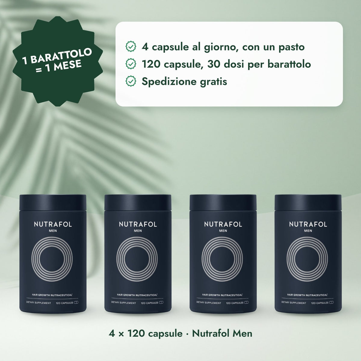 4 × 120 capsule · Nutrafol Men: 1 barattolo = 1 mese