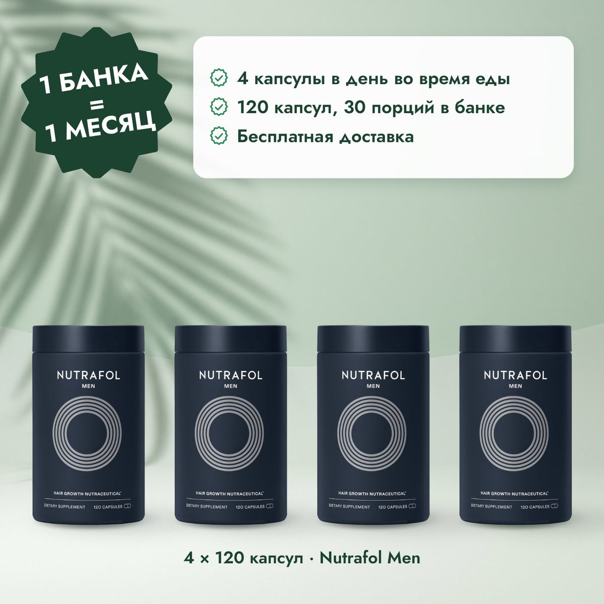 4 × 120 капсул · Nutrafol Men: 1 банка = 1 месяц