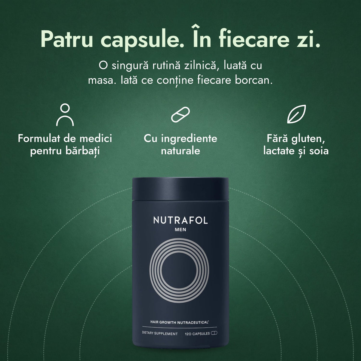 Nutrafol Men: Patru capsule. În fiecare zi. Formulat de medici pentru bărbați, Cu ingrediente naturale, Fără gluten, lactate și soia