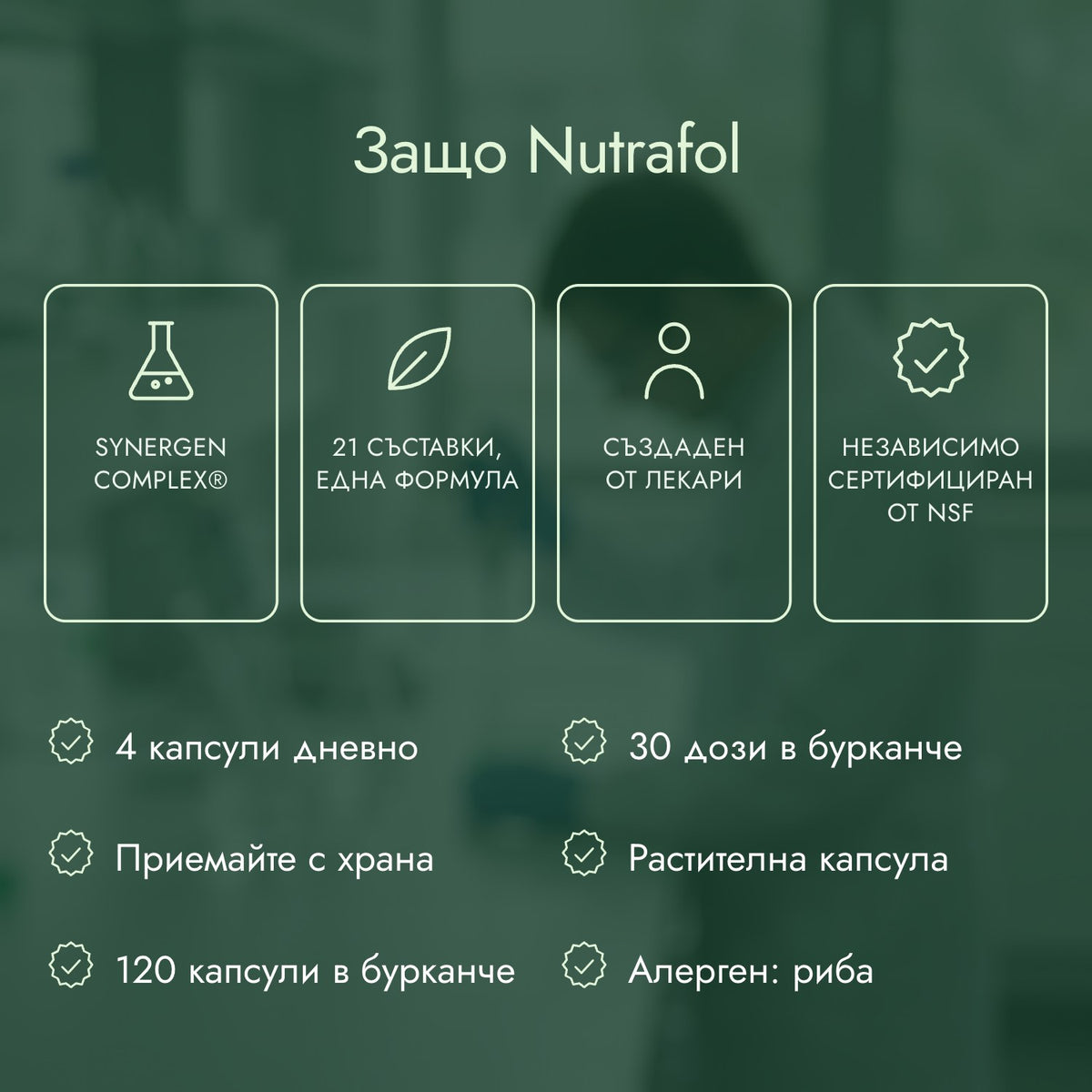 Защо Nutrafol: Synergen Complex®, 21 съставки, една формула, Създаден от лекари, Независимо сертифициран от NSF