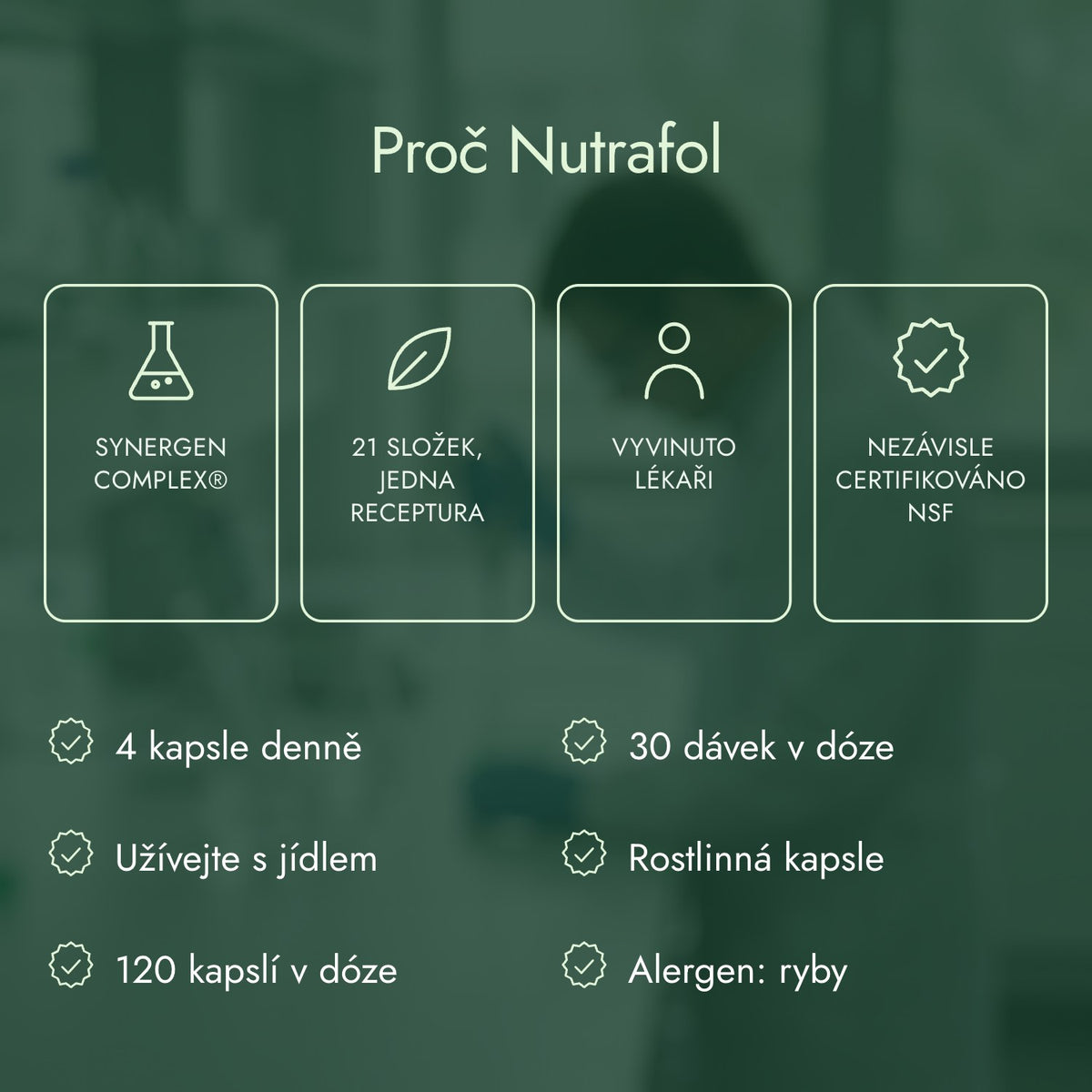 Proč Nutrafol: Synergen Complex®, 21 složek, jedna receptura, Vyvinuto lékaři, Nezávisle certifikováno NSF